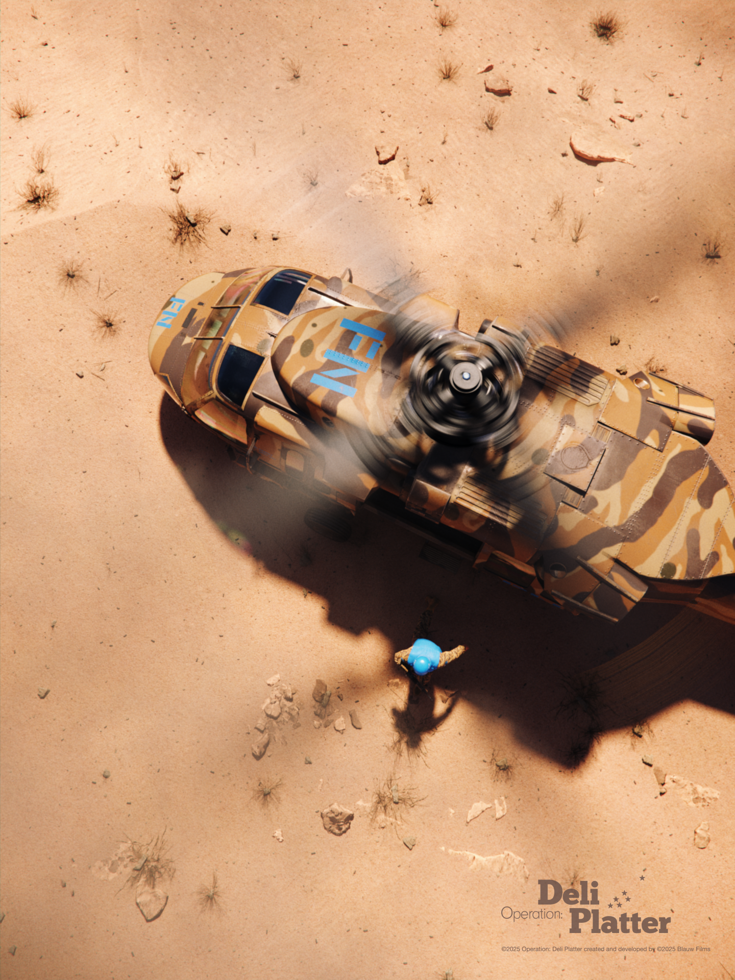 A top down aerial shot of a Sand Root camo Blackhawk military helicopter landing on desert dunes in Operation: Deli Platter. A soldier from the FNPF wearing a blue helmet is stepping out of the helicopter.