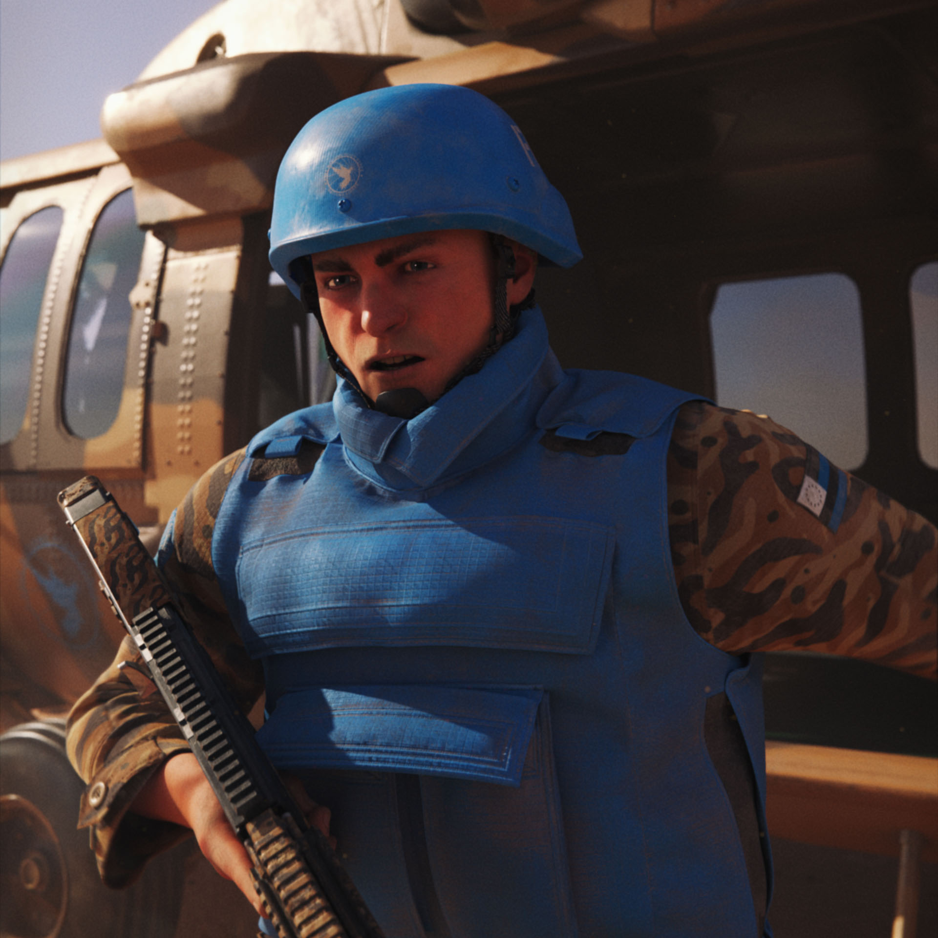 A fierce looking Free Nations Peace Force (FNPF) soldier, Sgt. Lloyd Griffiths, wearing a Sand Root camo military fatigue and blue vest and helmet, stepping out of a Blackhawk helicopter in Operation: Deli Platter.