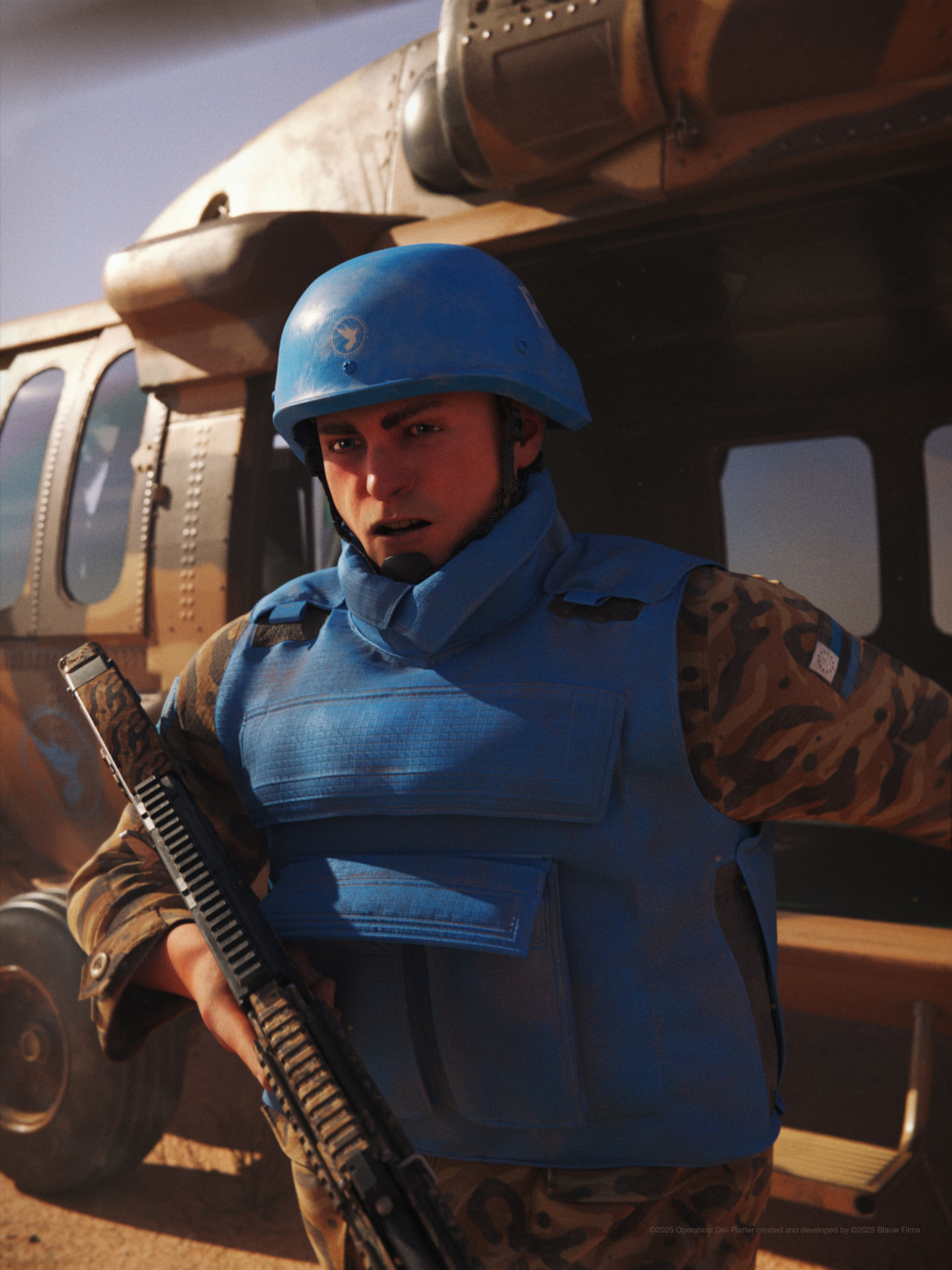 A fierce looking Free Nations Peace Force (FNPF) soldier, Sgt. Lloyd Griffiths, wearing a Sand Root camo military fatigue and blue vest and helmet, stepping out of a Blackhawk helicopter in Operation: Deli Platter.