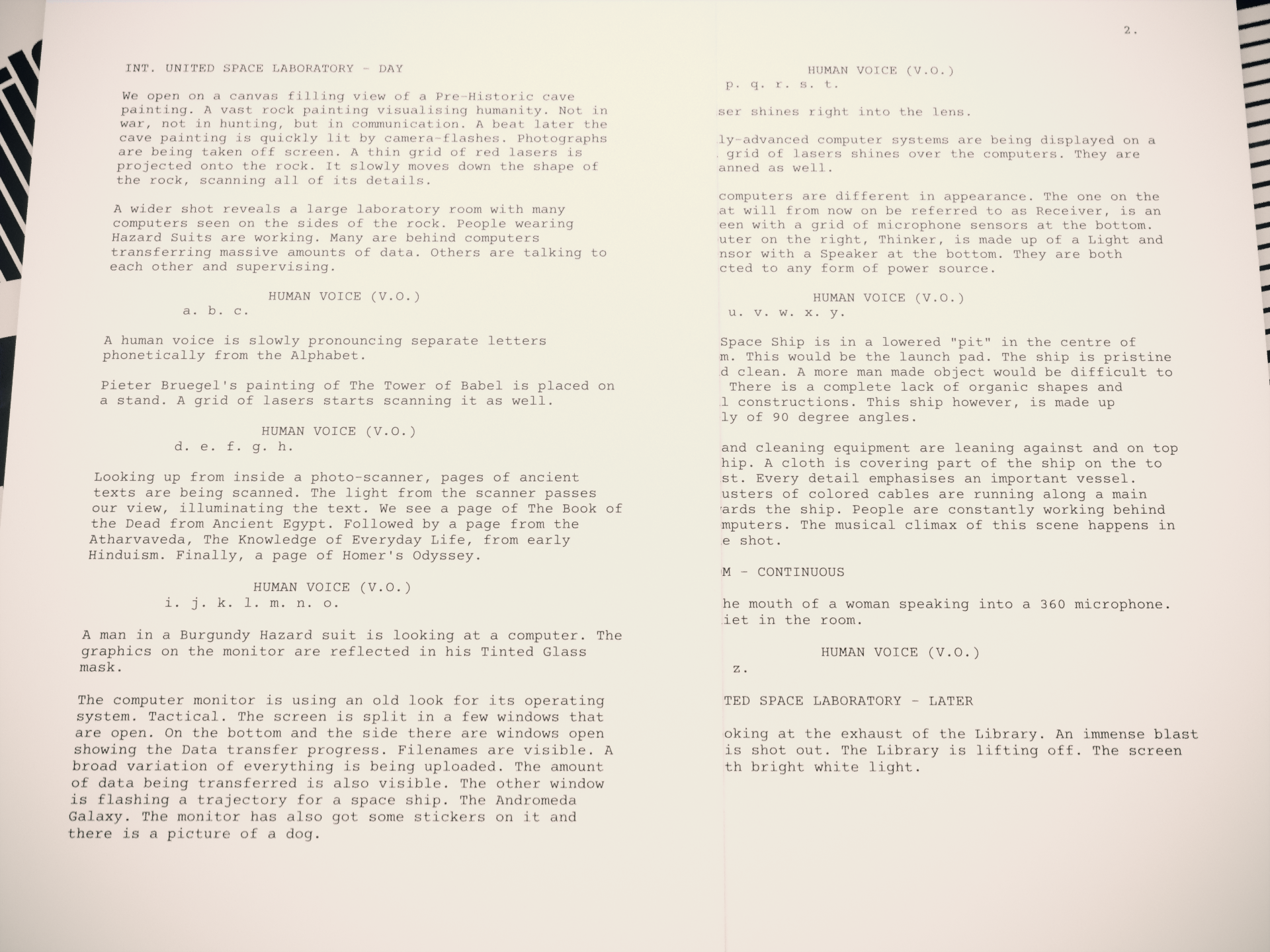 Syntactic Labyrinths screenplay preview – first two pages of Blauw Films sci-fi short film.