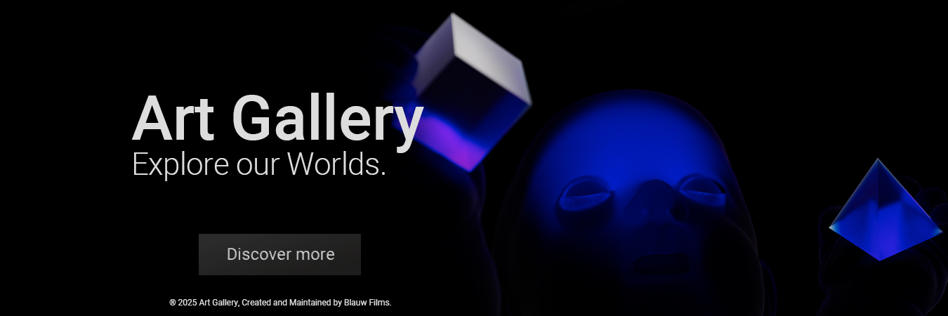 A dark mysterious dreamlike environment with a translucent blue baby holding a cube and a pyramid for the Blauw Films Art Gallery banner.