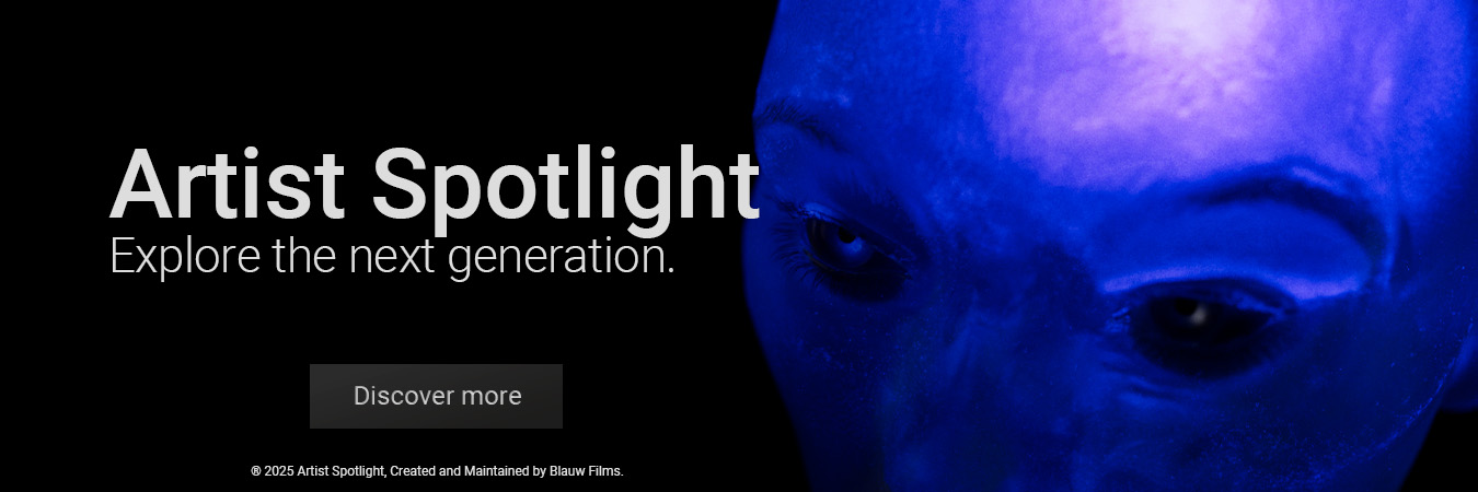 A dark mysterious dreamlike environment with a translucent blue face with glowing aura inside her head for the Blauw Films Artist Spotlight banner.