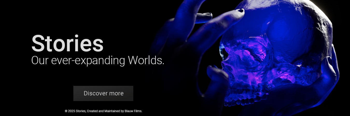A dark and mysterious dreamlike void with a blue translucent skull being held up by a hand for the Blauw Films Story Banner.