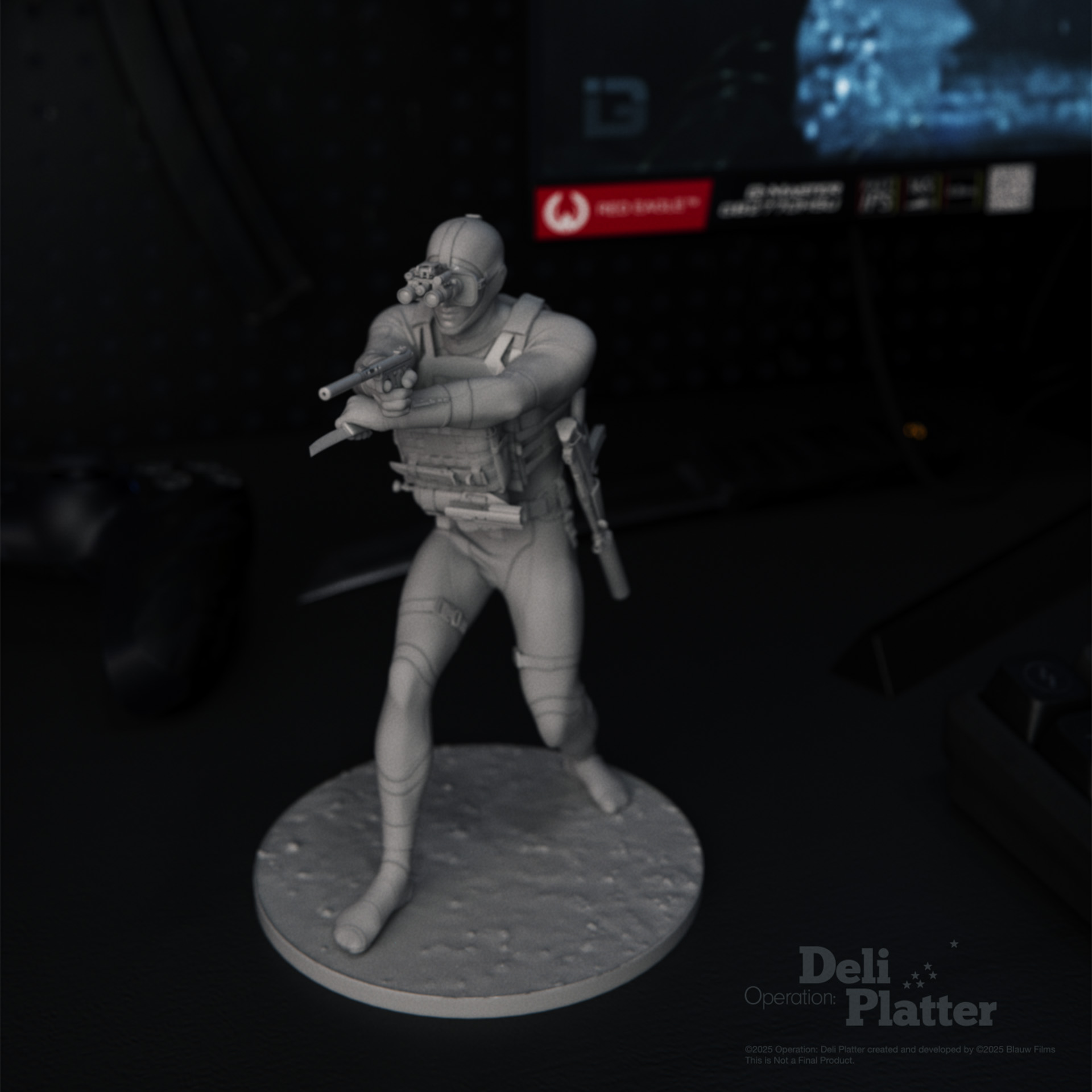 A grey plastic 3D printed action figure figurine of combat diver Pedro Gomez from Operation: Deli Platter in a dark military aesthetic inspired room next to a desktop and airsoft guns.