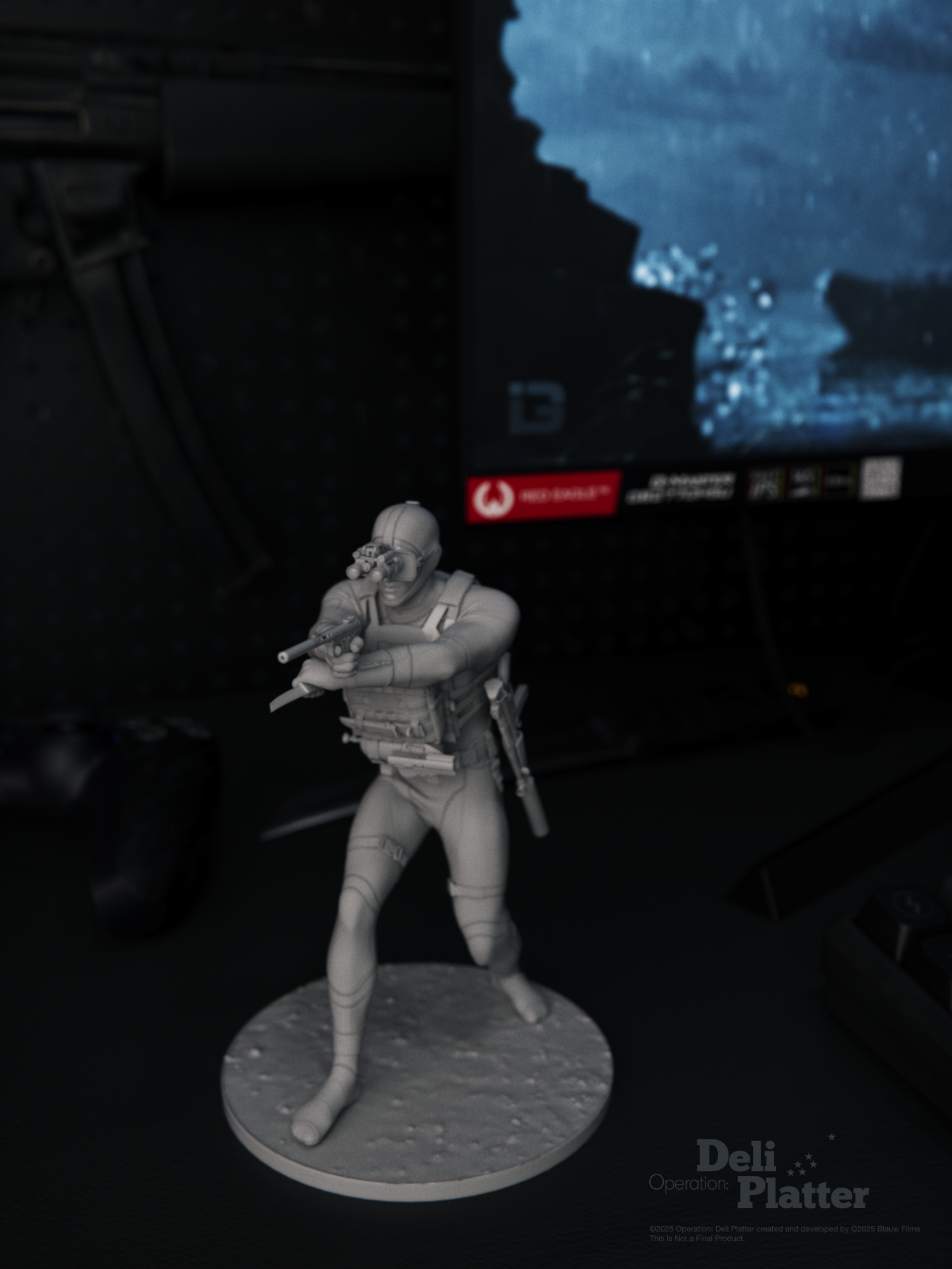 A grey plastic 3D printed action figure figurine of combat diver Pedro Gomez from Operation: Deli Platter in a dark military aesthetic inspired room next to a desktop and airsoft guns.