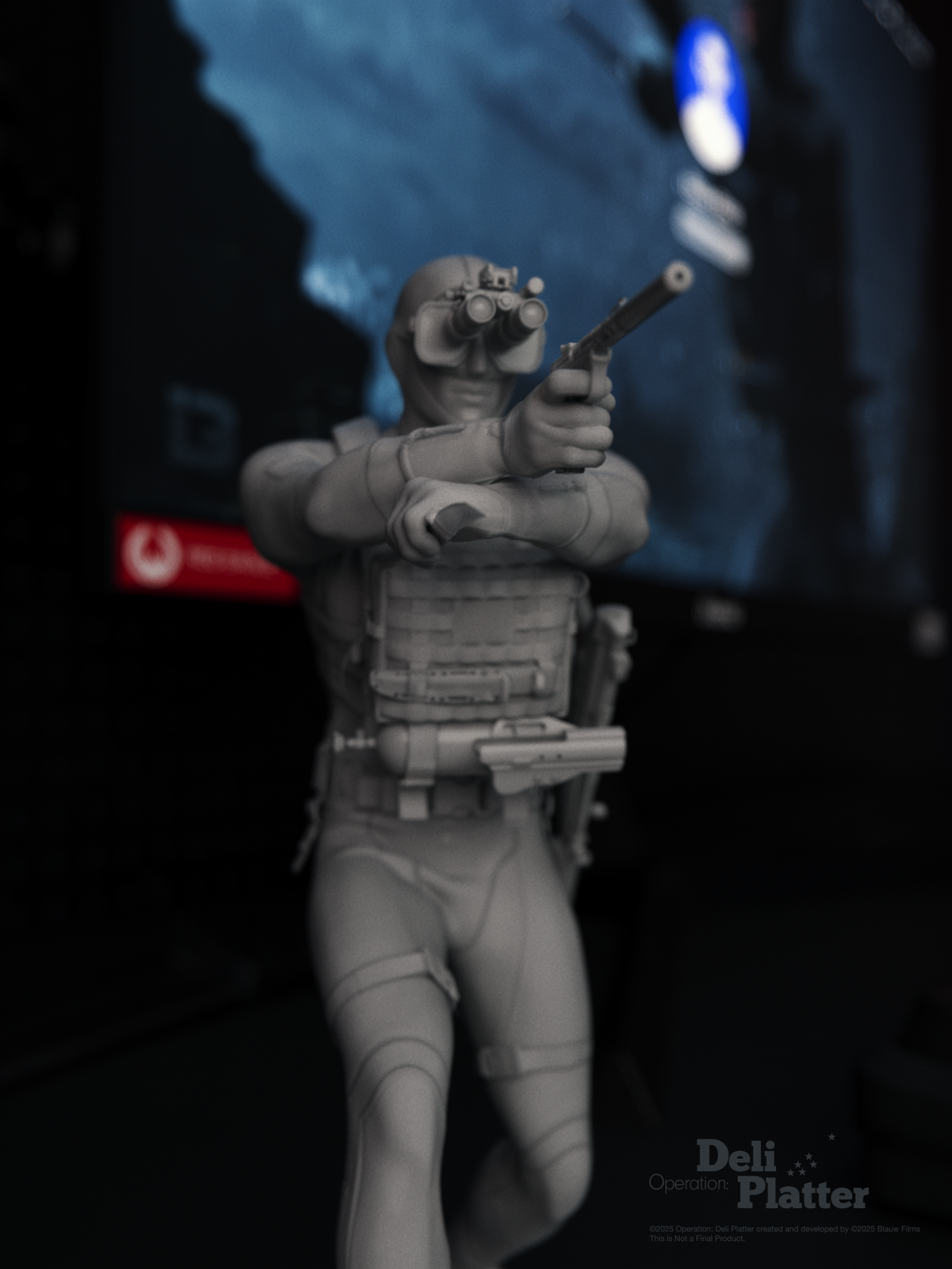 A grey plastic 3D printed action figure figurine of combat diver Pedro Gomez from Operation: Deli Platter in a dark military aesthetic inspired room next to a desktop and airsoft guns.