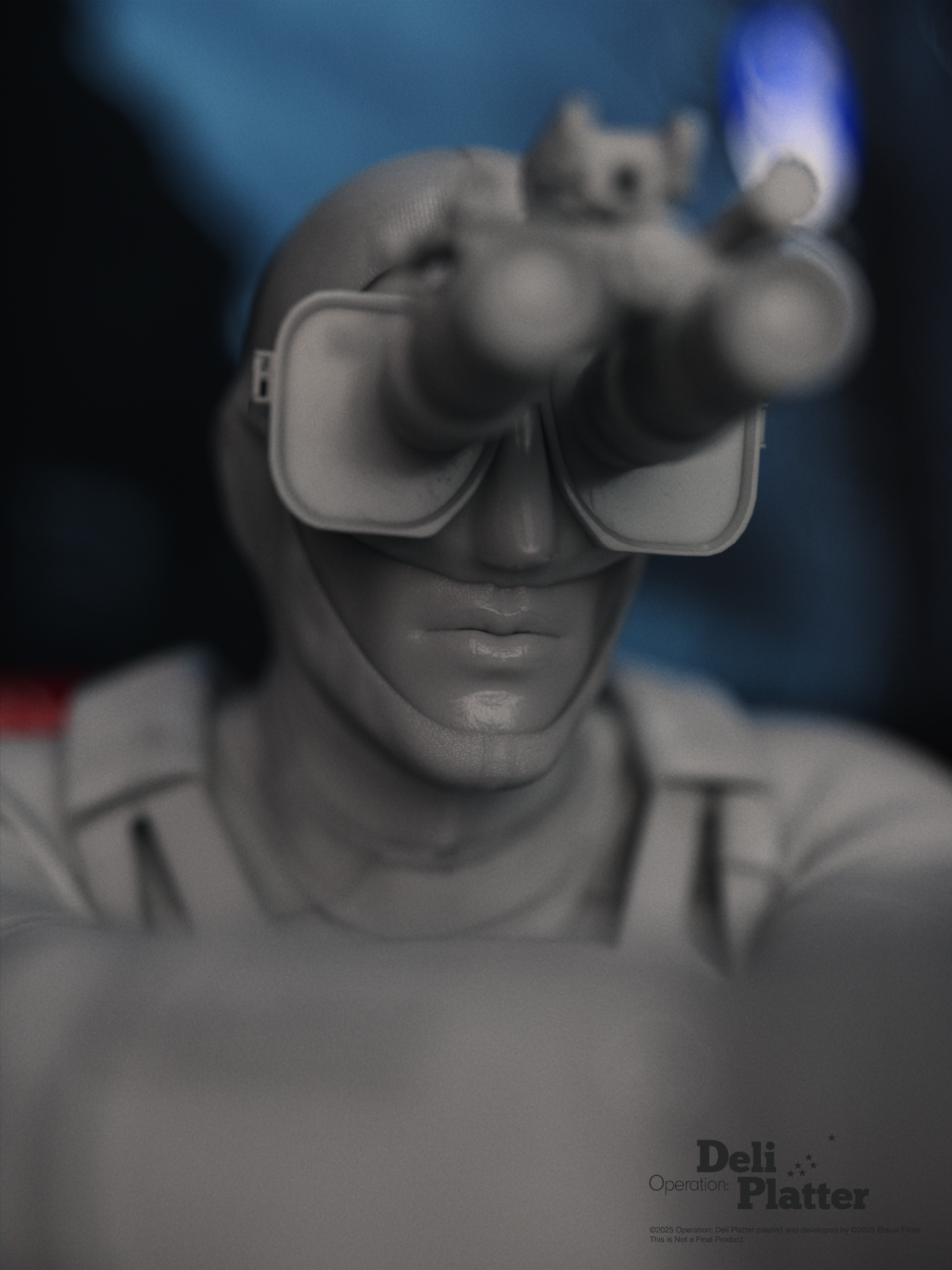 A grey plastic 3D printed action figure figurine of combat diver Pedro Gomez from Operation: Deli Platter in a dark military aesthetic inspired room next to a desktop and airsoft guns.