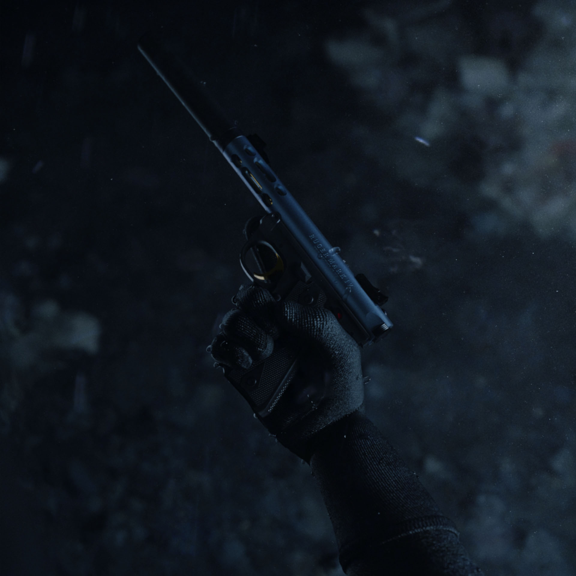 A hand wearing a tactical scuba suit holding a Ruger Mk IV suppressed pistol wile lit by moonlight and covered in drops of rain in Operation: Deli Platter.