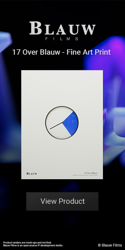 Product banner for the 17 Over Blauw Art Print poster from Blauw Films featuring a blue and white clock with a single arm.