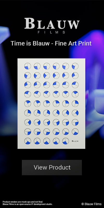 A product banner for an art print featuring a graphic design grid of 17 Over Blauw clocks from Blauw Films.