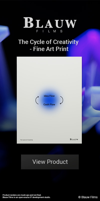 A product banner for an art print featuring a blue glowing aura in the middle of a white background with Idea Flow and Cash flow pointing to each other.