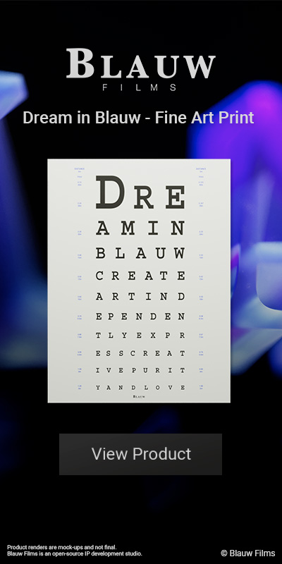 A promotional banner for a Snellen Eye Test art print from Blauw FIlms with the text Dream in Blauw.