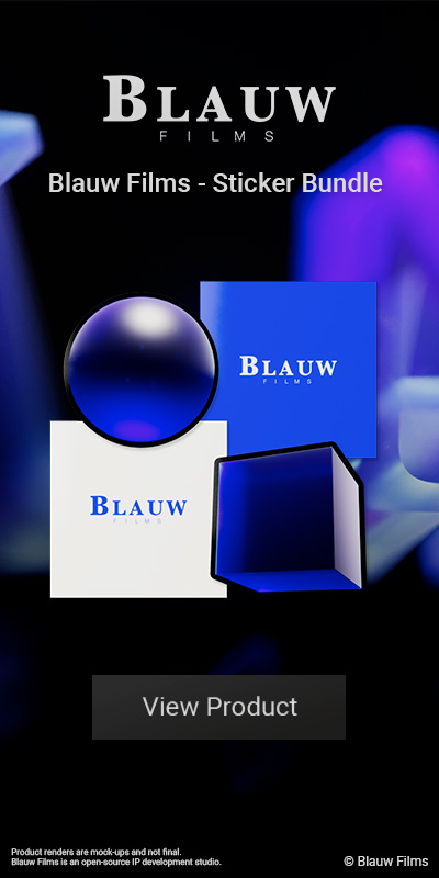 A promotional banner for Blauw Films sticker bundle with the Blauw Films logo and liquid and solid cinema artifacts.