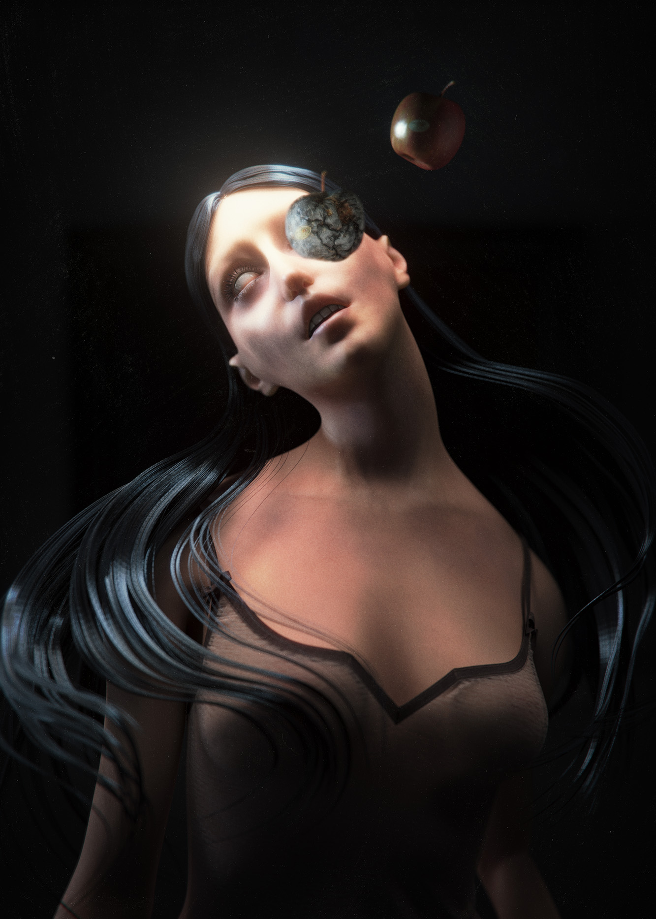 Poster for the horror short film Apple Rot by Blauw Films — featuring a surreal 3D-rendered woman with long dark hair and an apple decaying into her eye. The eerie composition, rendered in cinematic lighting, embodies the film’s themes of nightmare, sleep paralysis, and uncanny horror. Design evokes dreamlike dread and surreal beauty through CGI character art.