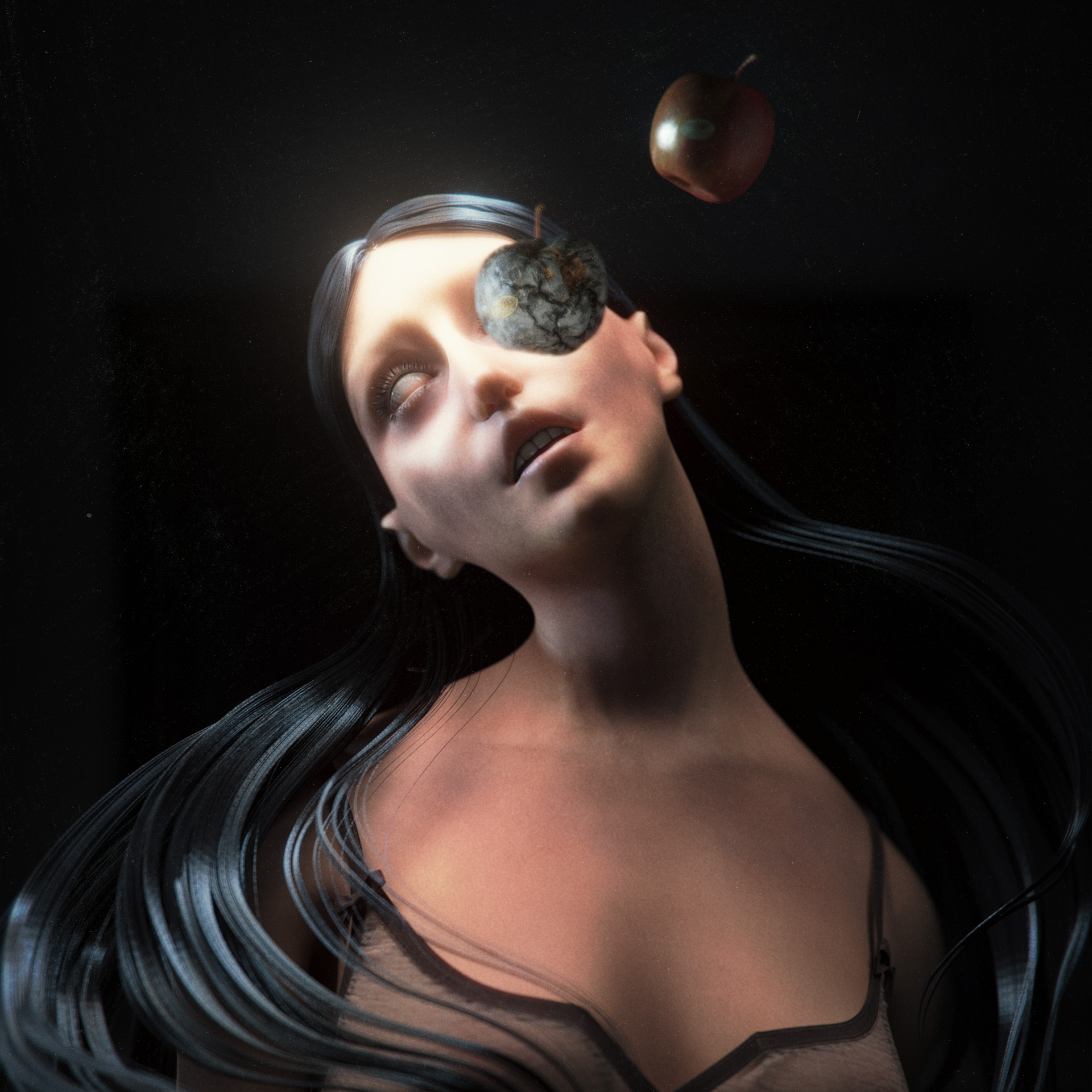 Poster for the horror short film Apple Rot by Blauw Films — featuring a surreal 3D-rendered woman with long dark hair and an apple decaying into her eye. The eerie composition, rendered in cinematic lighting, embodies the film’s themes of nightmare, sleep 