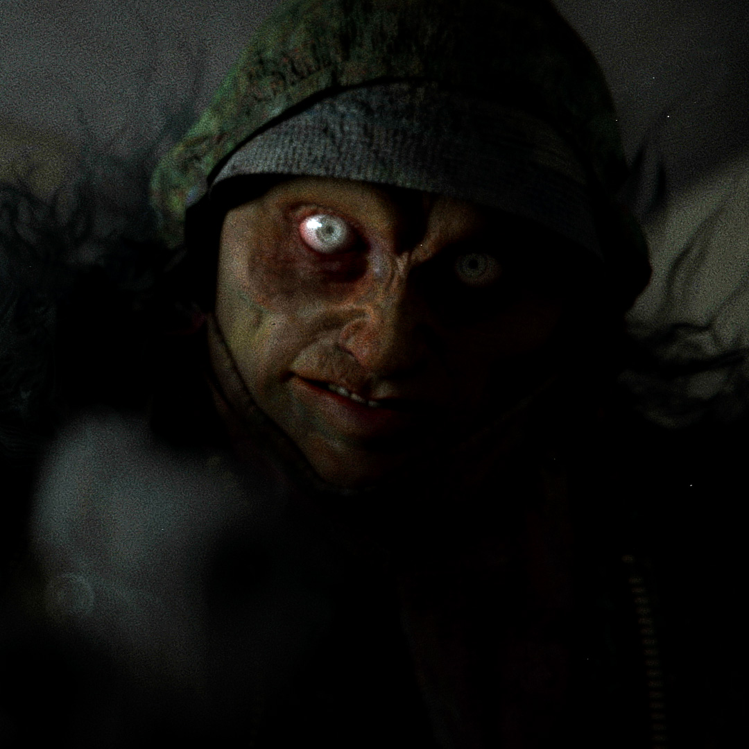 Close-up 3D render of Sad Tall, a haunting creature from the horror short film Apple Rot by Blauw Films. The scene captures an intense, nightmarish moment as the decayed figure leans forward in a dimly lit room, revealing its eerie white eyes.