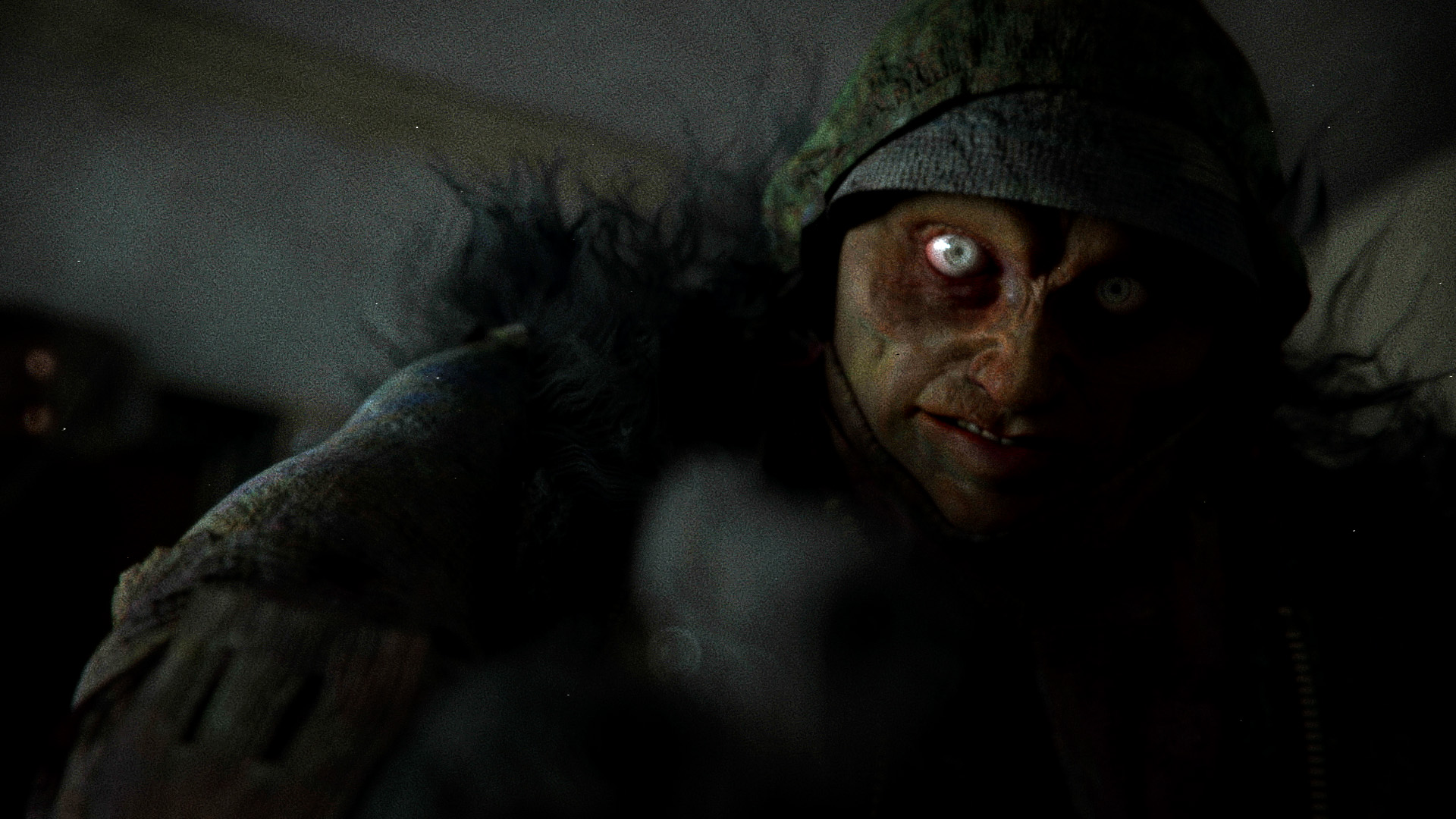 Close-up 3D render of Sad Tall, a haunting creature from the horror short film Apple Rot by Blauw Films. The scene captures an intense, nightmarish moment as the decayed figure leans forward in a dimly lit room, revealing its eerie white eyes.