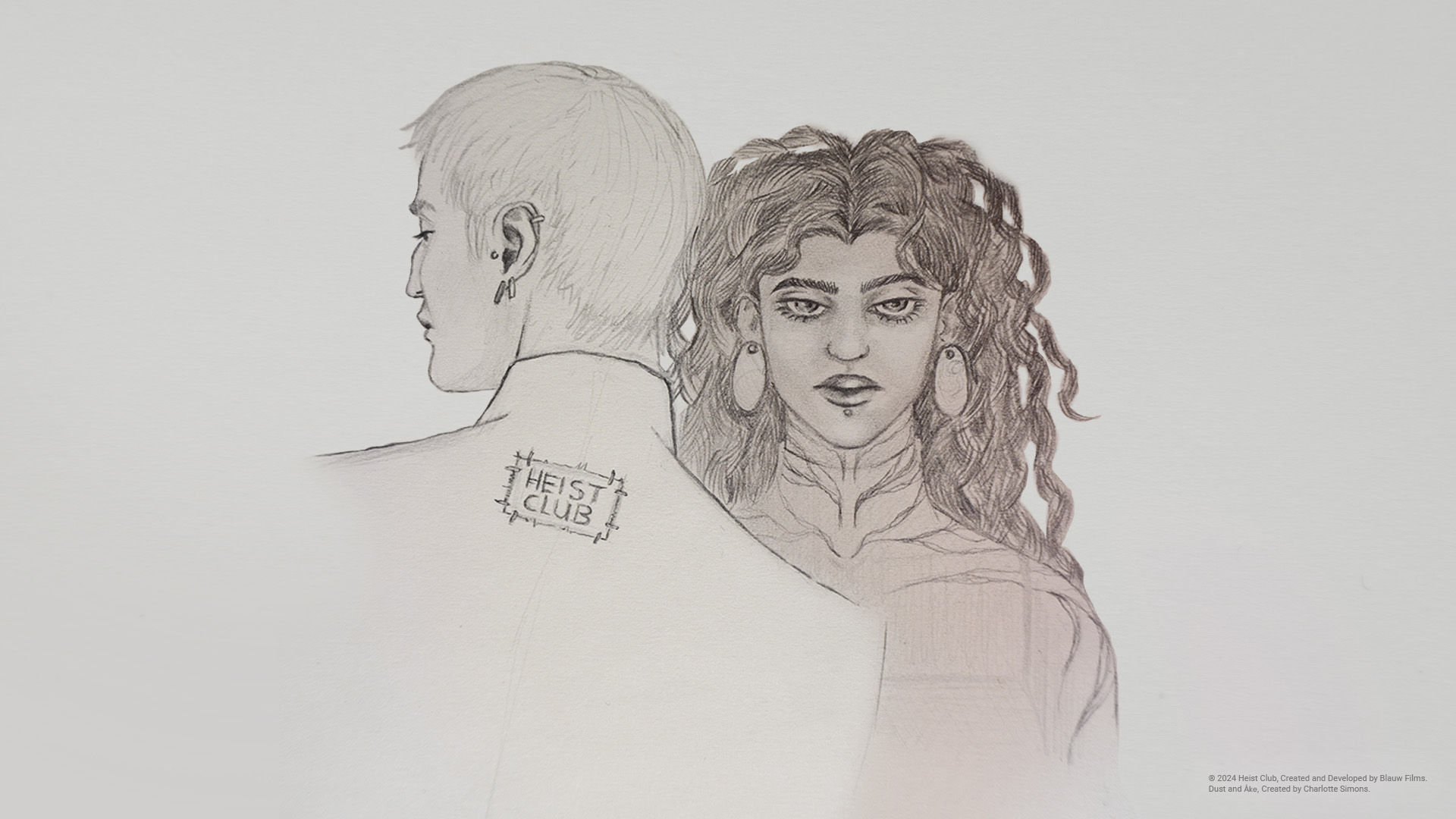 An atmospheric colored pencil drawing of Åke and Dust from Heist Club.