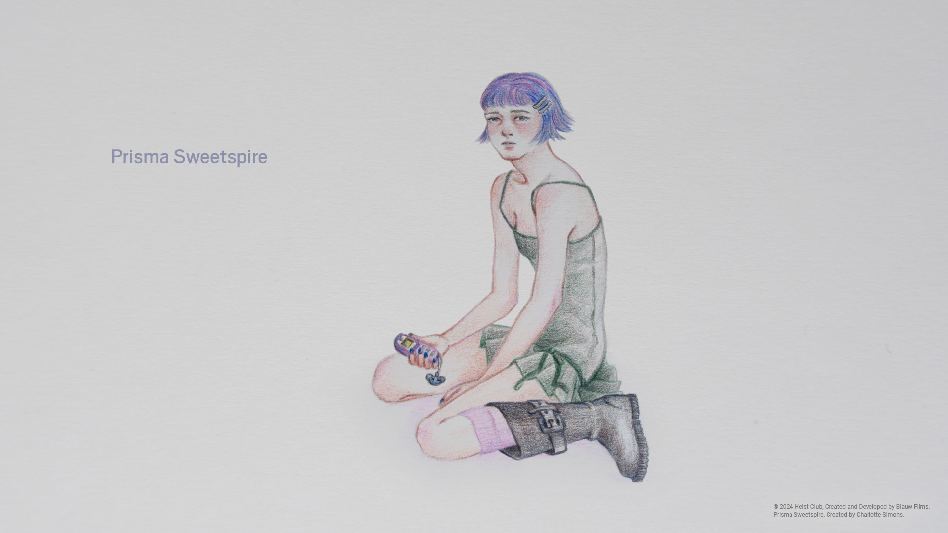 A colored pencil drawing of Prisma Sweetspire sitting on the floor from Heist Club.