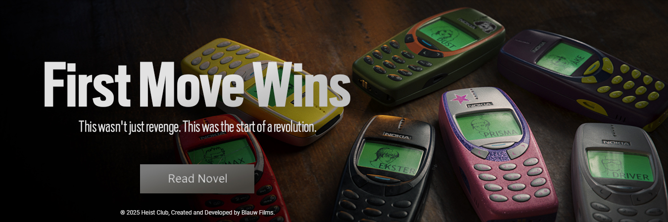 Six colorful custom Nokia 3310 burner phones for Heist Club on a wooden table, each featuring a character name and sketch on the screen.