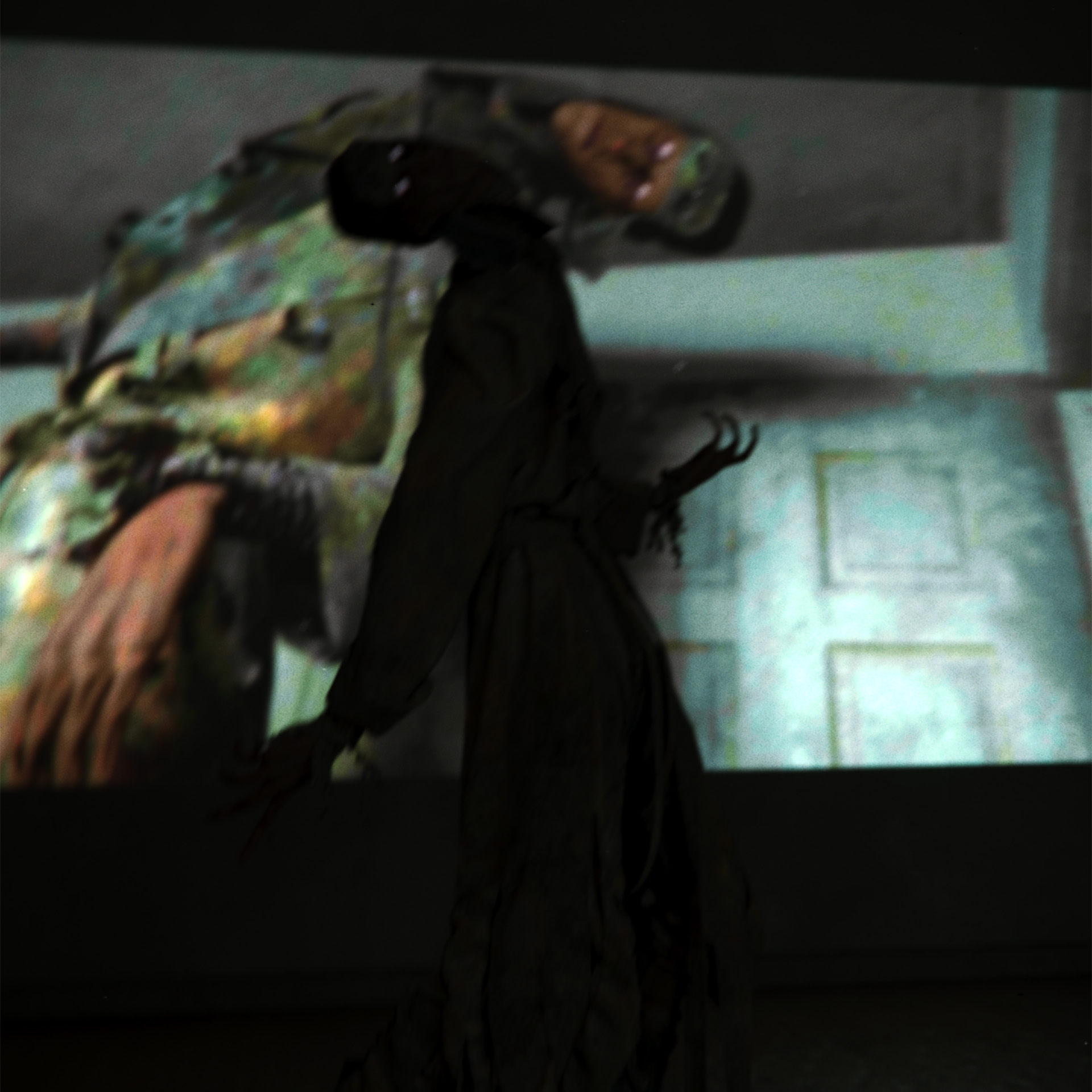 Sad Tall sleep paralysis demon from Apple Rot standing in front of a movie projection of the Apple Rot short film by Blauw Films.