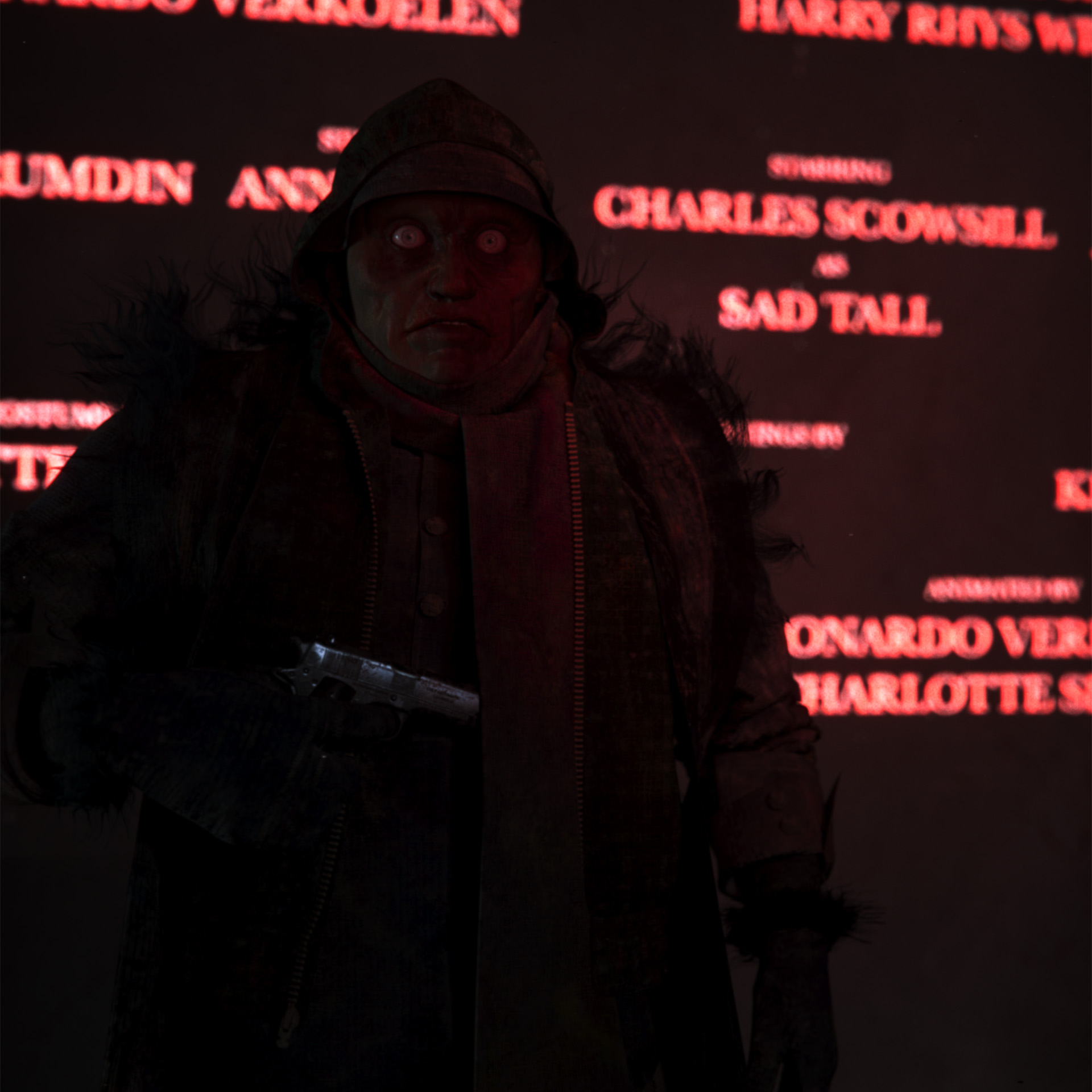 The sleep paralysis demon Short Angry from Apple Rot standing in front of a screening of the Apple Rot short film.