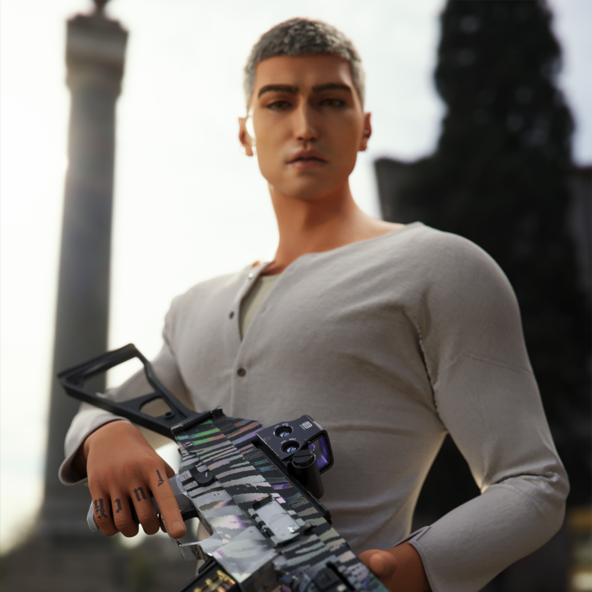 Åke Åkerman from Heist Club standing in Turin holding his holographic foil UMP-45.