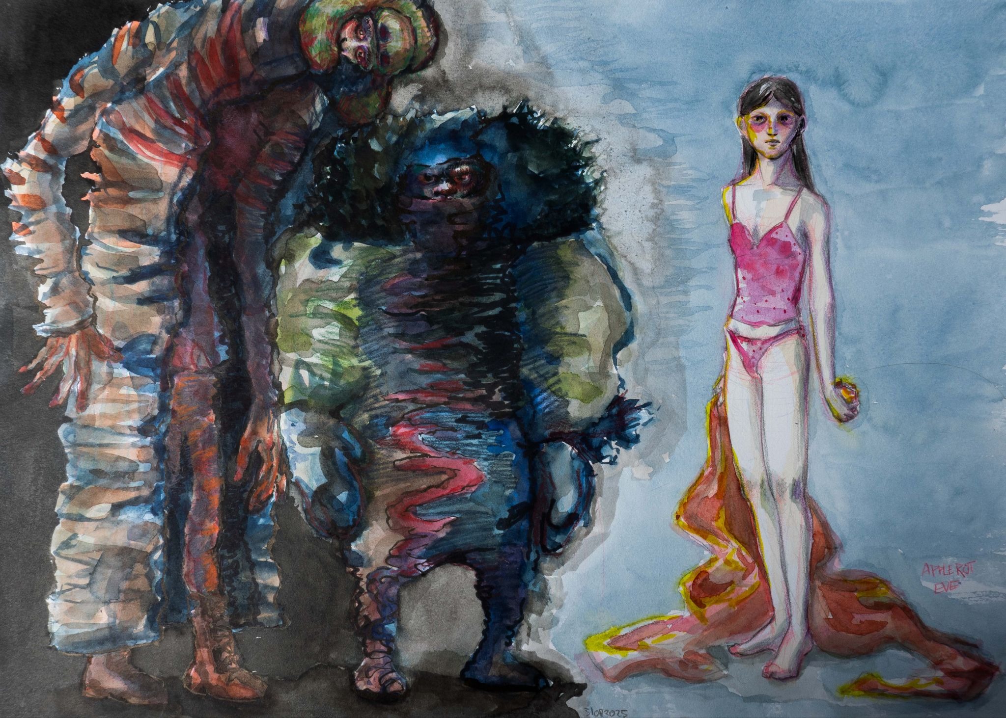 Horror concept art painting —watercolor illustration of Eve and the Sleep Paralysis Demons for Blauw Films.
