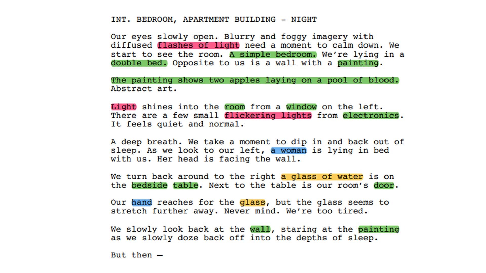 Annotated screenplay fragment for Apple Rot short film—bathroom shower scene featuring Eve with production notes on claustrophobic atmosphere.