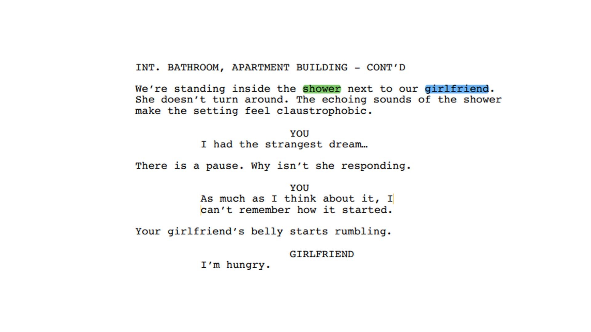 3D animated horror character development—combining horror screenplay notes with uncanny character concept art for the bathroom scene in Apple Rot.