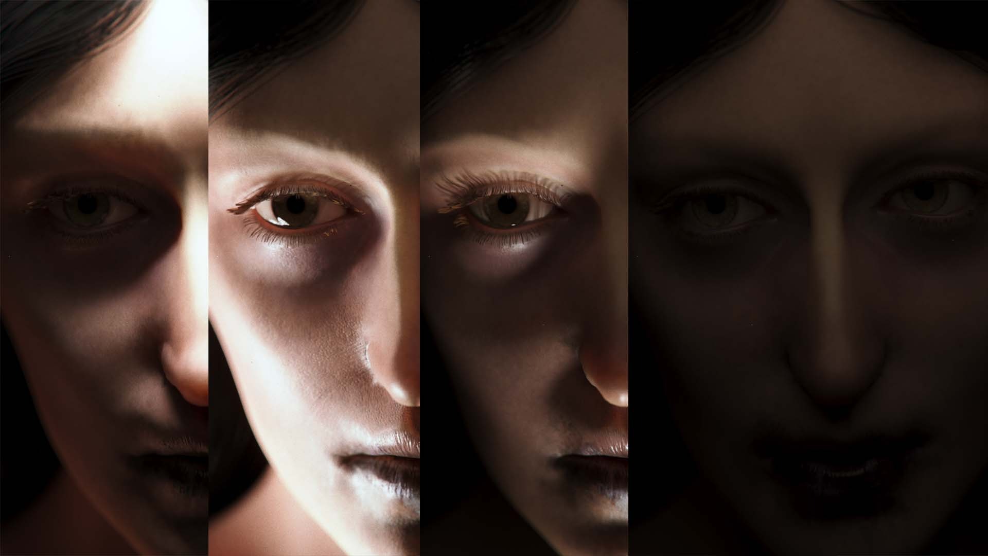 3D character lighting study for Eve in Apple Rot—comparing four uncanny lighting setups to emphasize bone structure and atmospheric horror in Blauw Films' 3D animation pipeline.