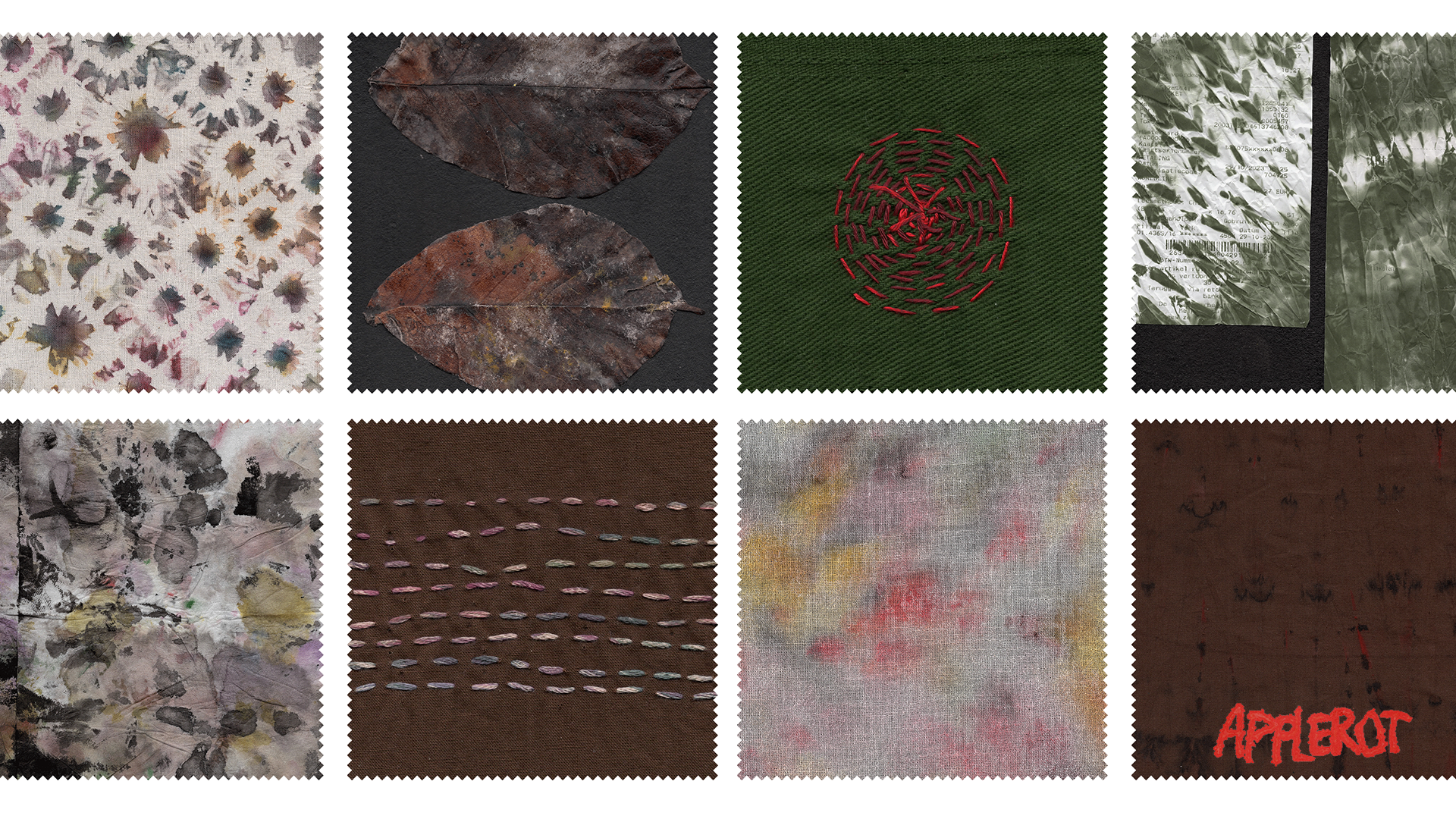Grid of eight texture swatches for digital character modeling, including mold-like fur and weathered fabrics.
