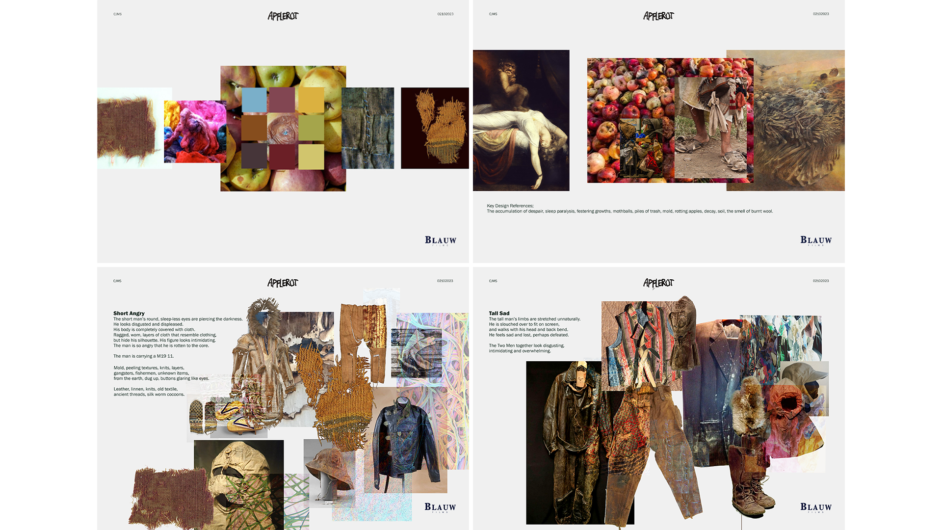 Moodboards for Apple Rot featuring color swatches, apple textures, and costume references like old leather and robes.