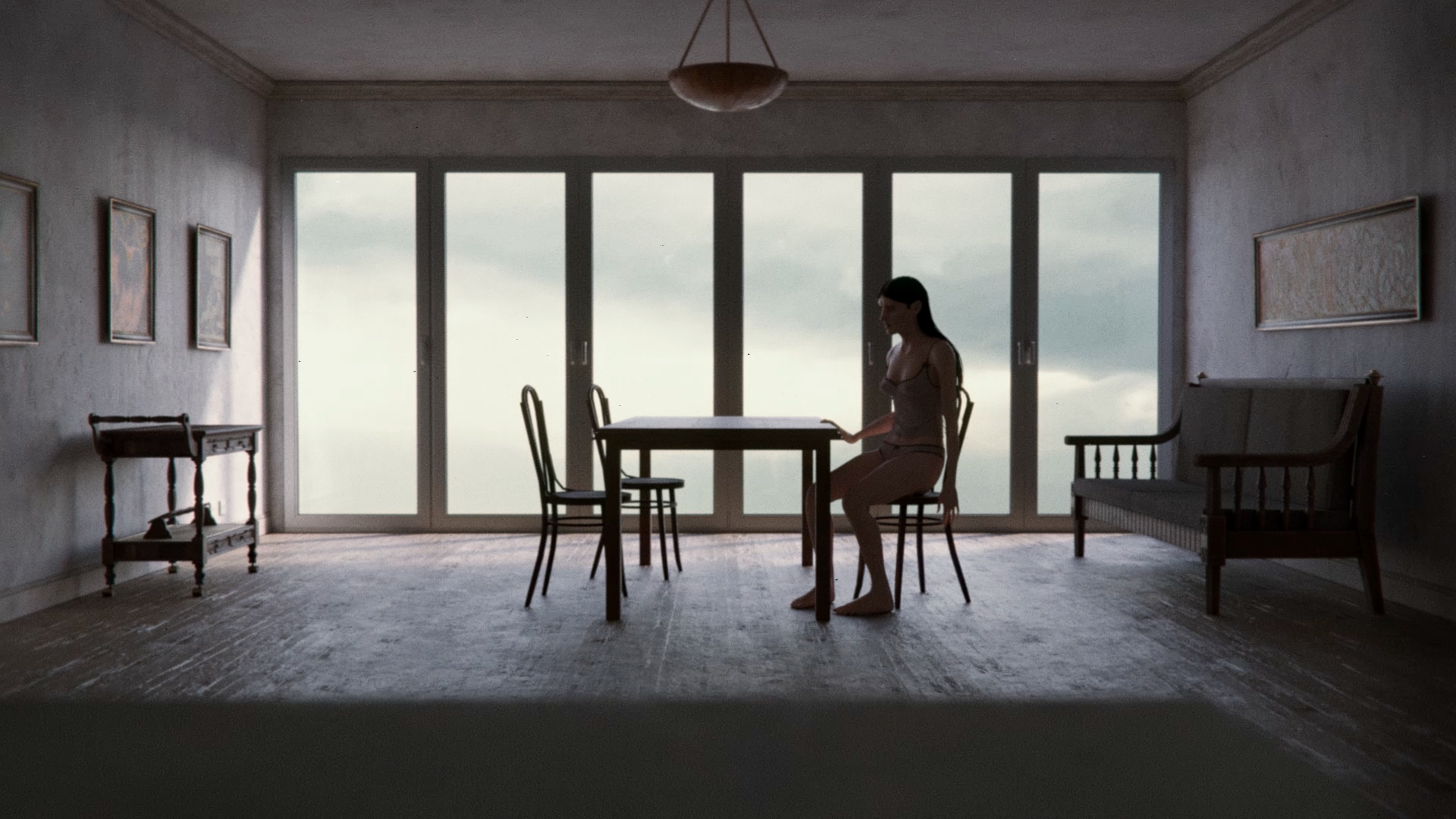 Atmospheric 3D character render of Eve sitting at a breakfast table—showcasing dark, volumetric lighting and cinematic framing for the short film Apple Rot.