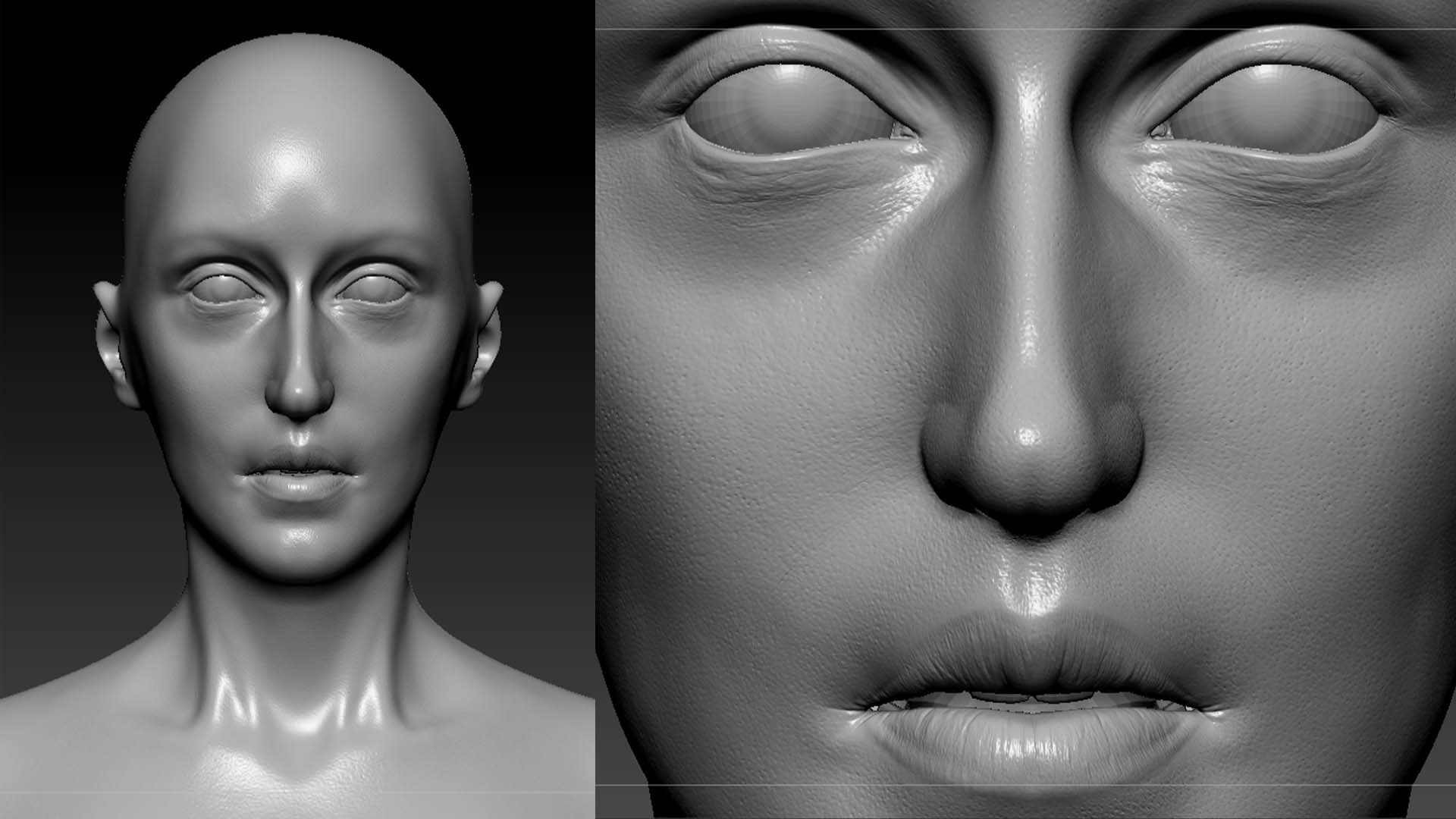 High-resolution 3D sculpting in ZBrush—detailing Eve’s skin with HD geometry, pores, and fine lines for the Apple Rot character pipeline.