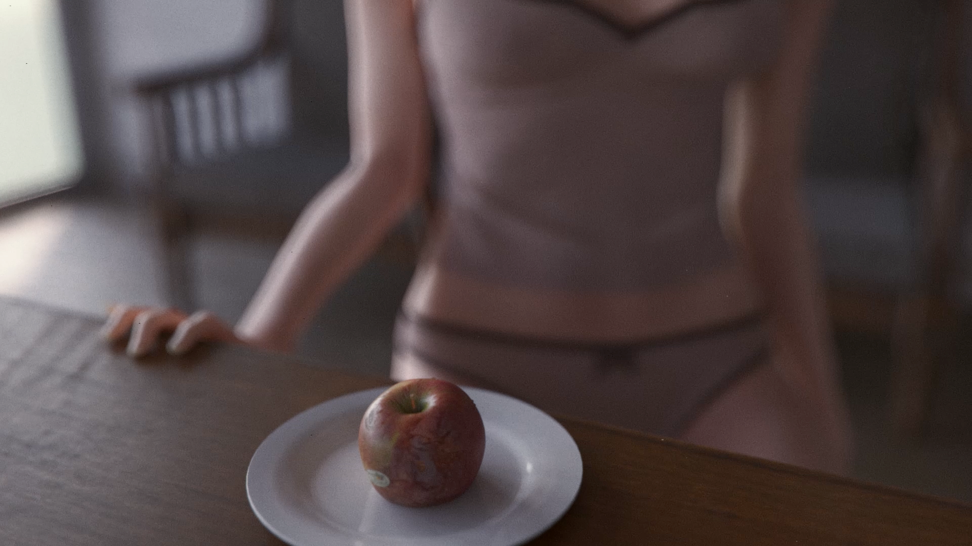 Cinematic 3D lighting and render—close-up of Eve at a table, highlighting the interaction between character models and atmospheric horror lighting.