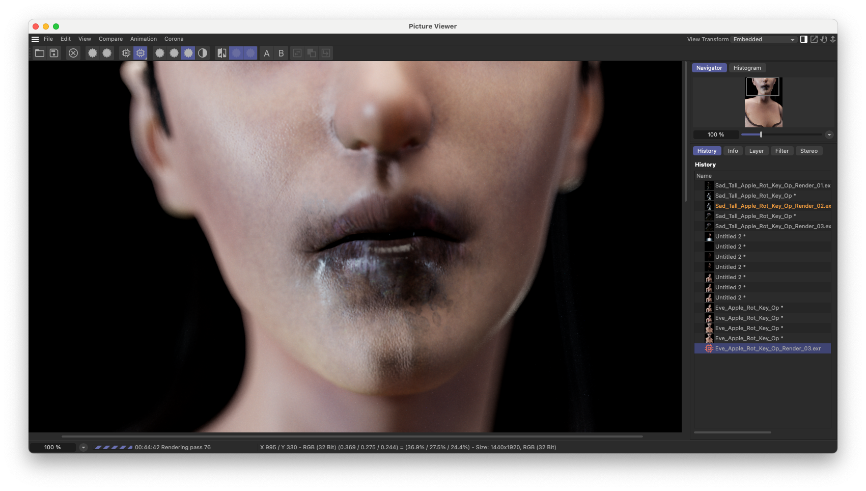 3D character lookdev inside Chaos Corona—optimizing subsurface scattering and shaders for the uncanny black substance on Eve’s lips.