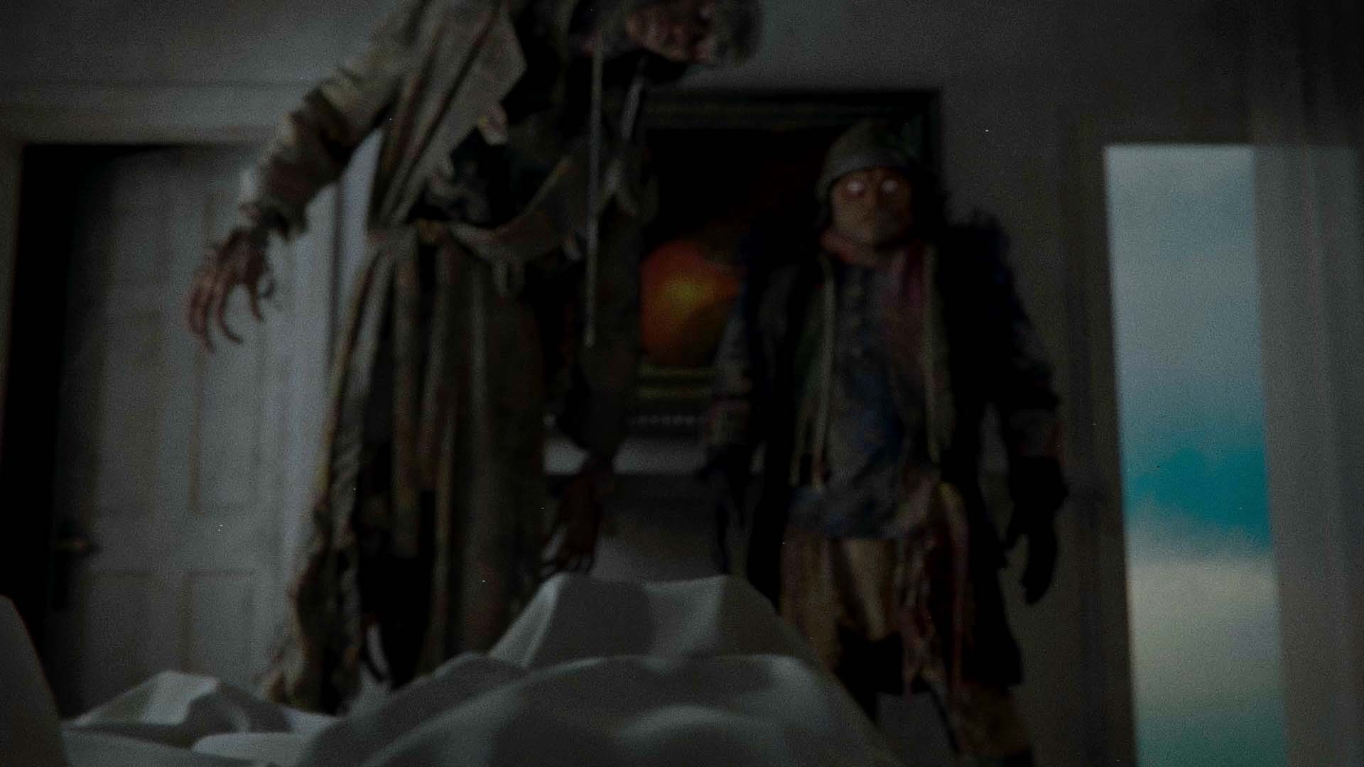 Atmospheric horror cinematography and 3D lighting—the Sleep Paralysis Demons Sad Tall and Short Angry in a dark bedroom environment.