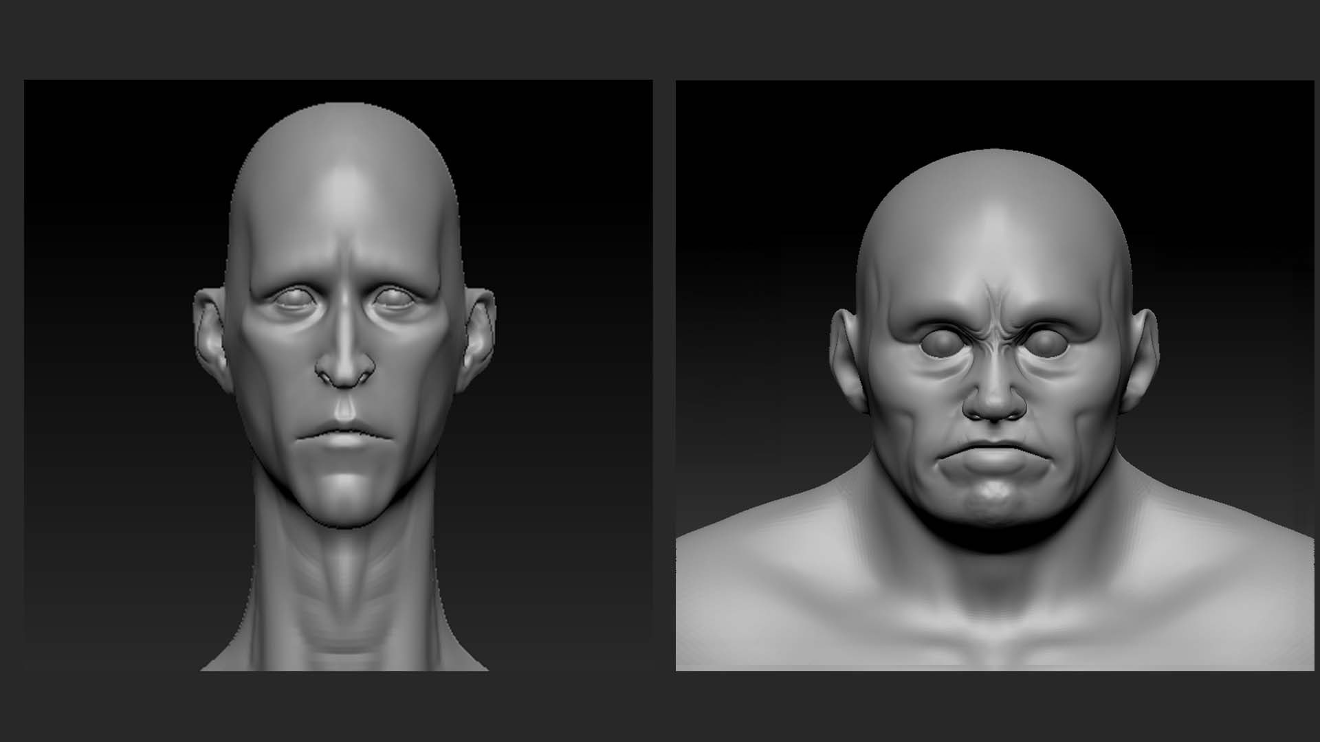 compare:demonssculpt:after 3D facial sculpting in ZBrush—the evolution of uncanny facial features for horror characters Sad Tall and Short Angry.