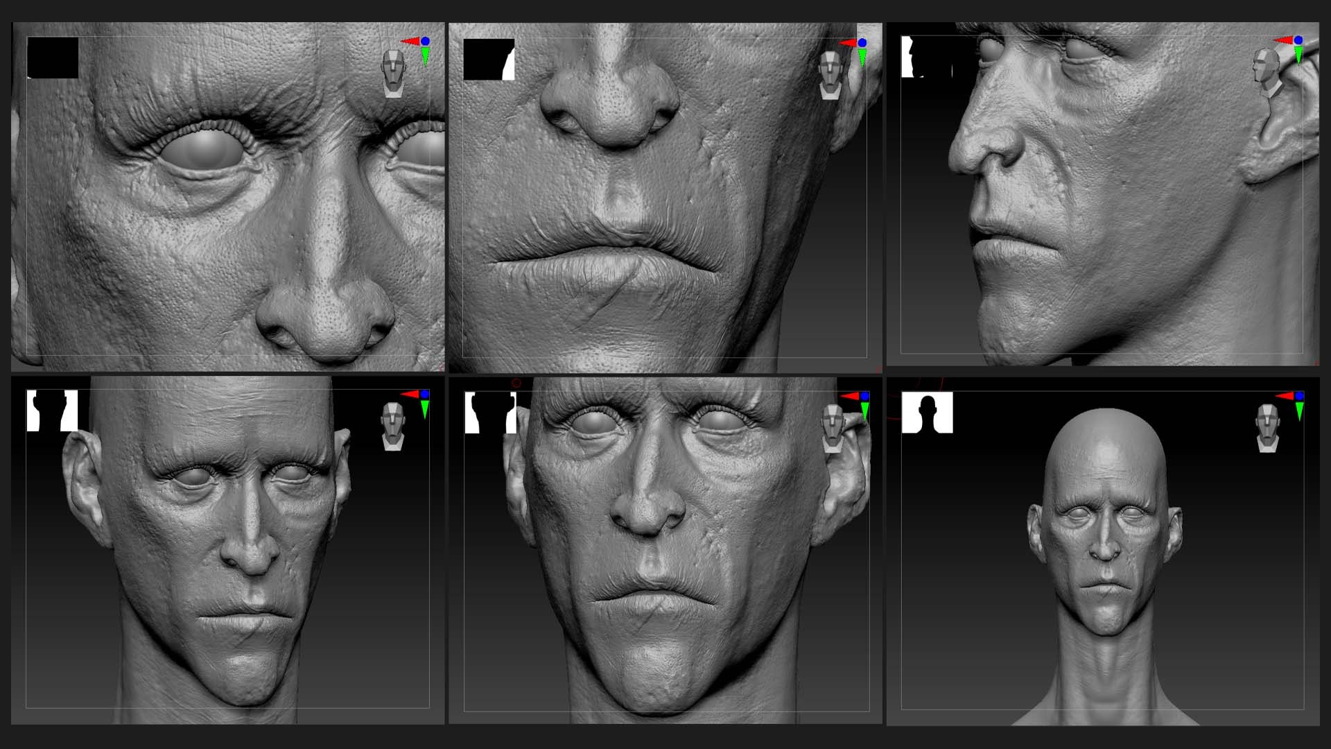 High-resolution skin detailing in ZBrush—carving pores, fine lines, and enlarged skin textures using JHill’s brush kit.