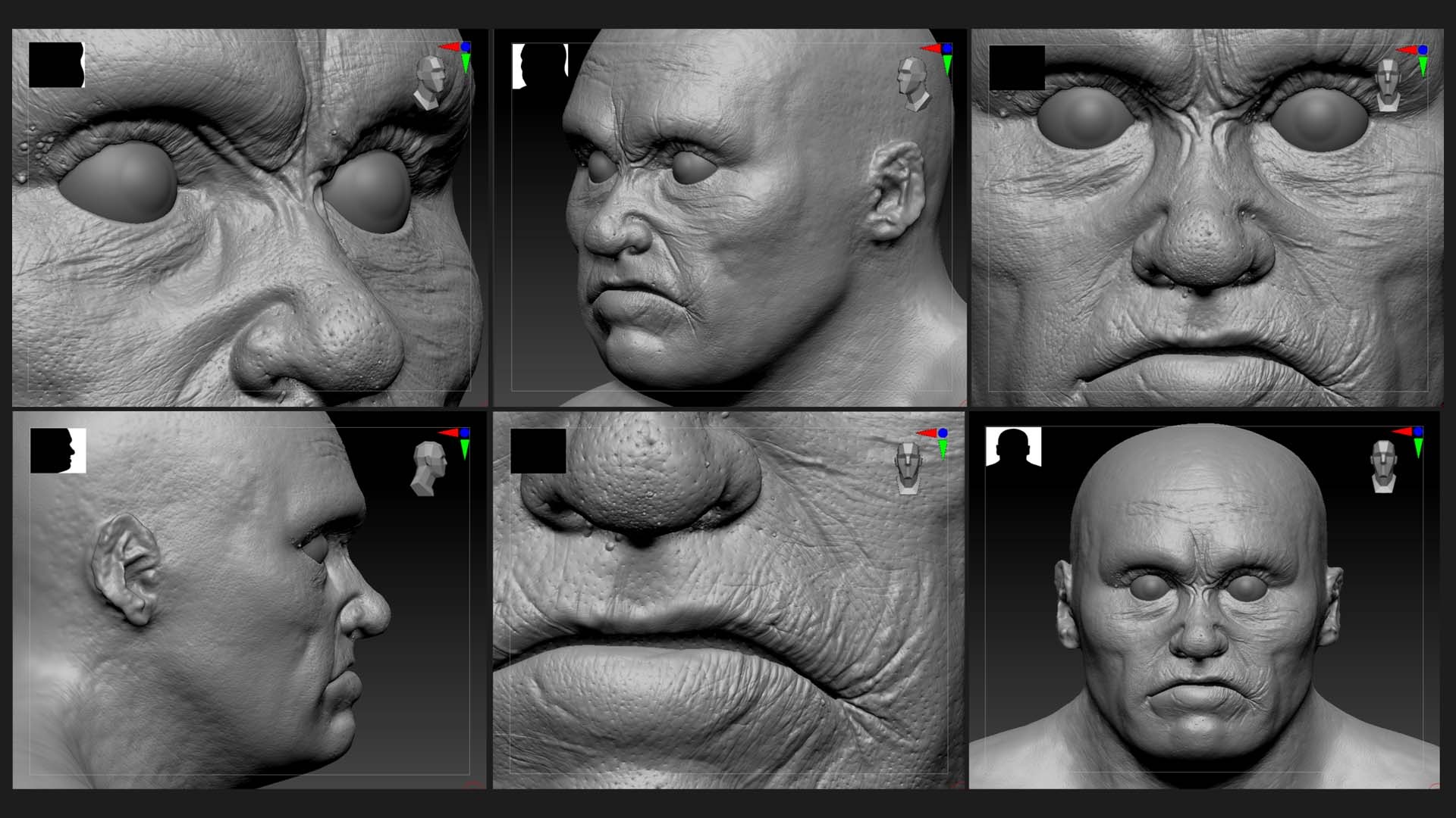 High-resolution skin detailing in ZBrush—carving pores, fine lines, and enlarged skin textures using JHill’s brush kit.