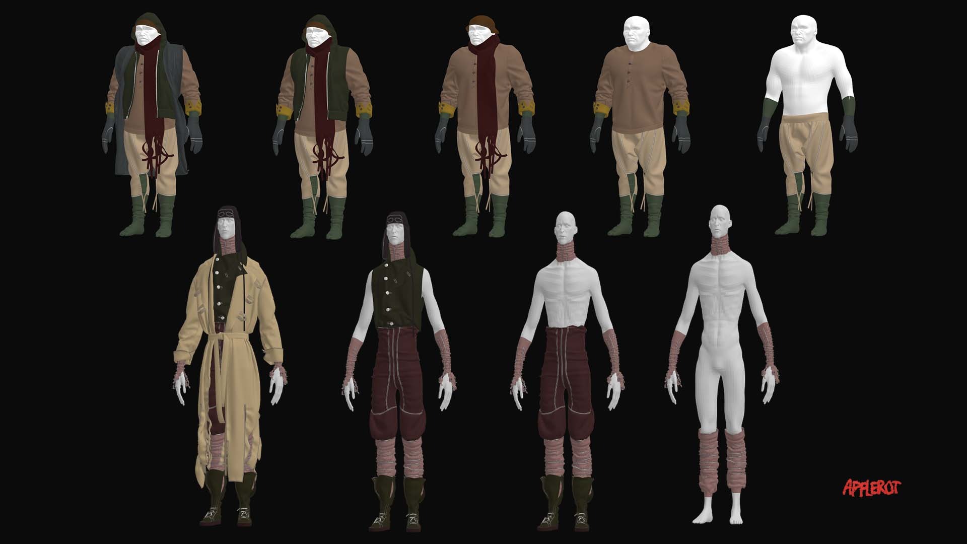 3D garment simulation variants—exploring oddly draped trousers and layered vests for uncanny horror characters.