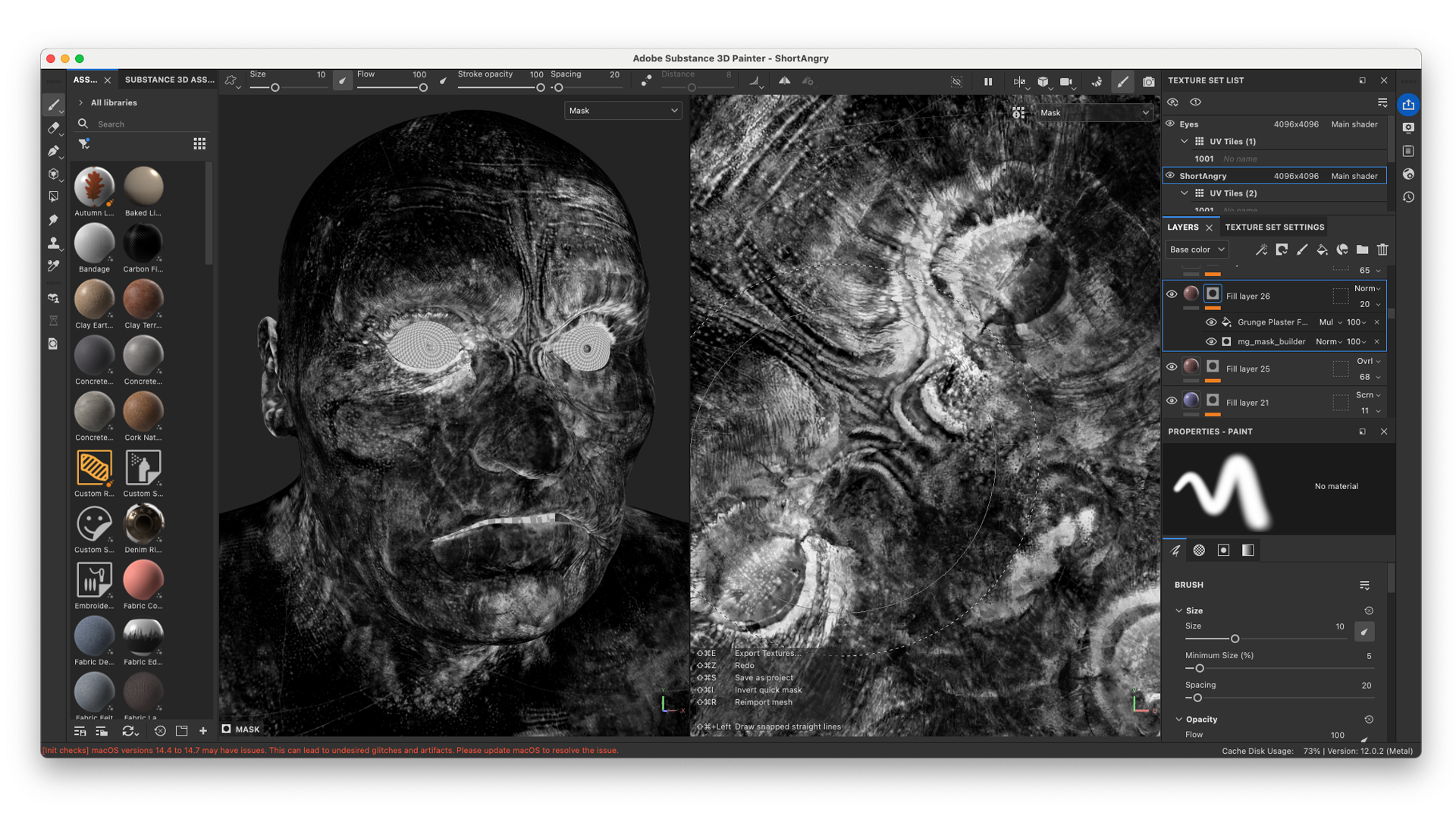 Texturing skin in Substance 3D Painter—stacking subdermis layers of red, purple, and green to mimic realistic, sickly flesh