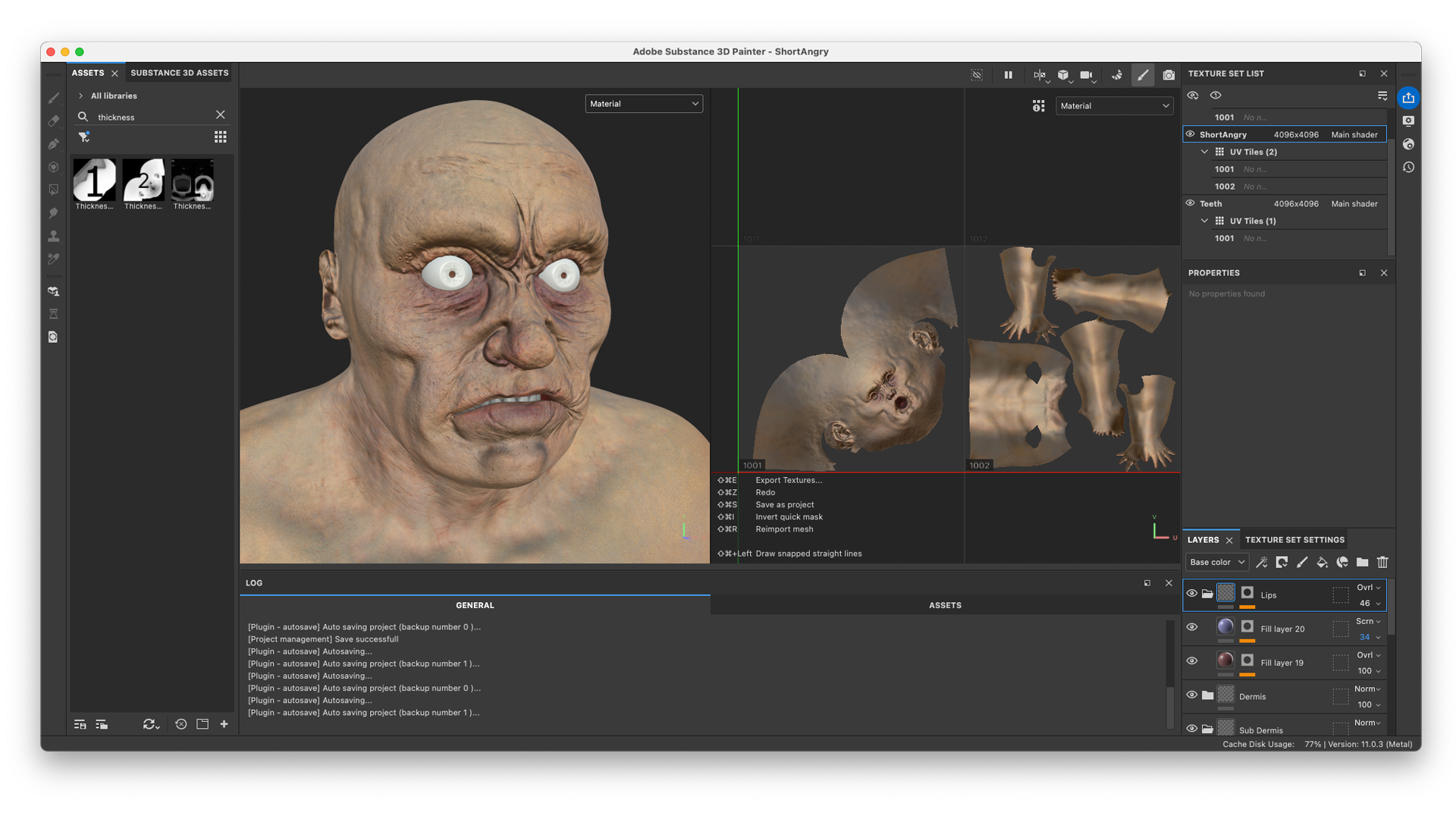 Texturing skin in Substance 3D Painter—stacking subdermis layers of red, purple, and green to mimic realistic, sickly flesh