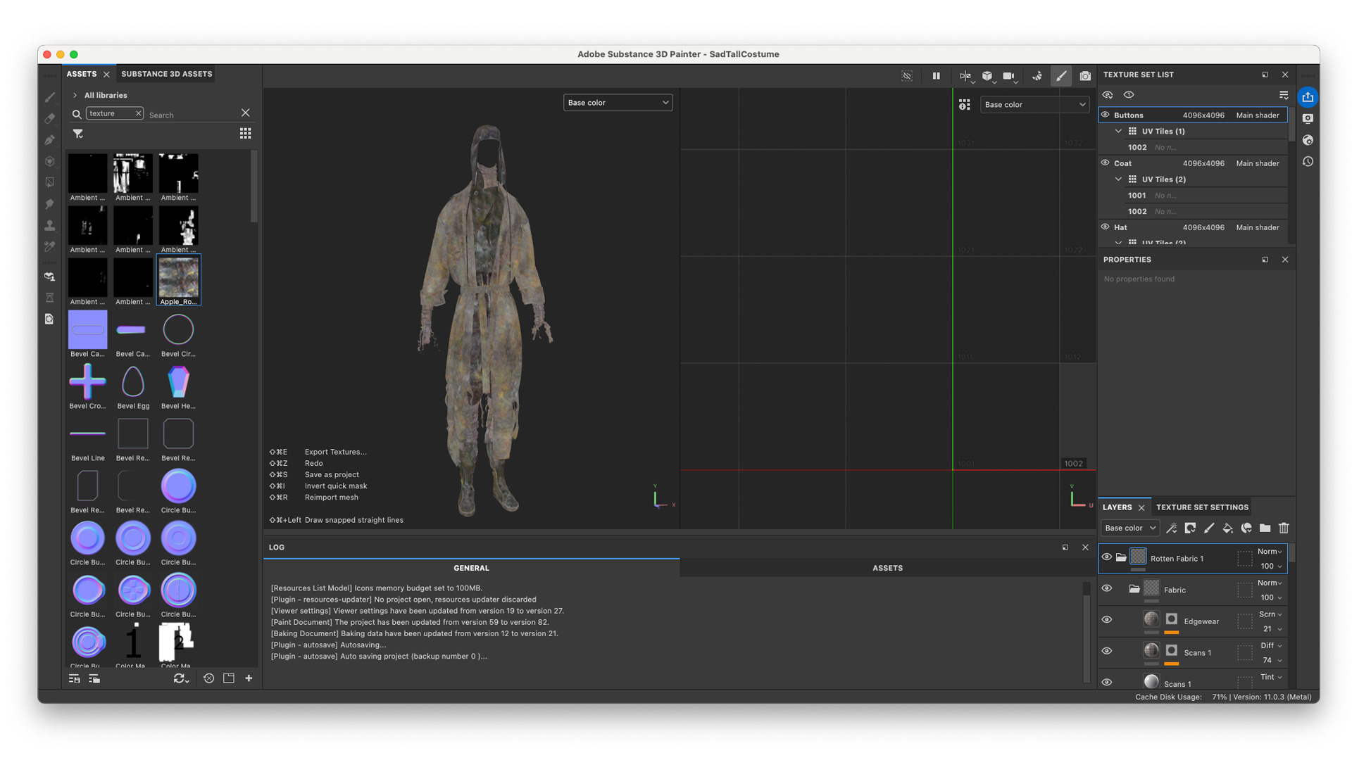 PBR texturing workflow for garments—applying dirt, aging, and height maps to 3D fabric textures in Substance Painter.