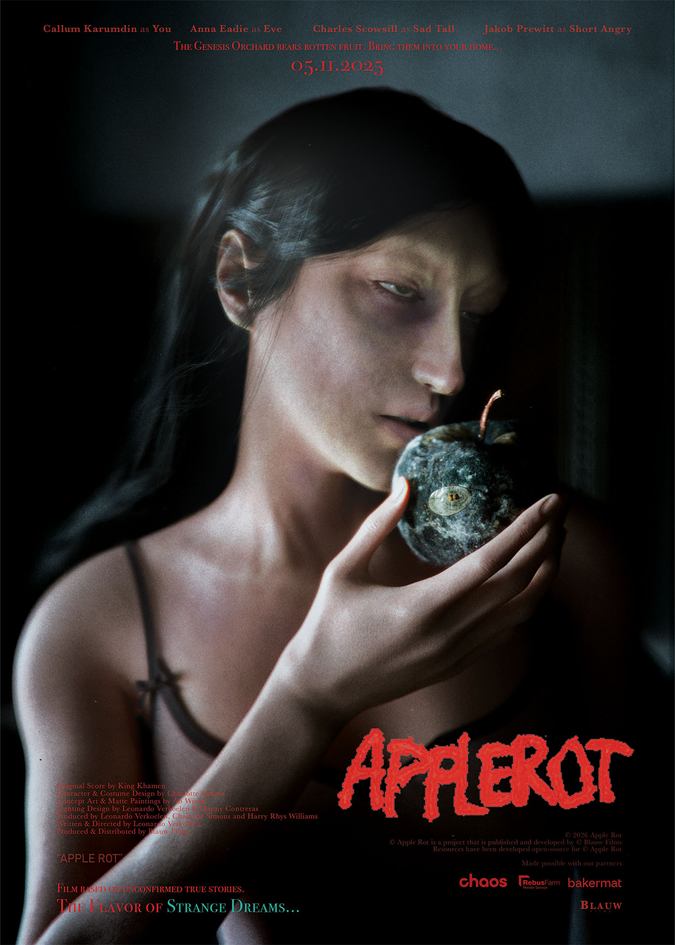 Official movie poster for the short film Apple Rot. The poster features a close-up of a woman with long dark hair looking down with an intense, somber expression at a severely decayed, moldy apple that she is cradling in her hand.