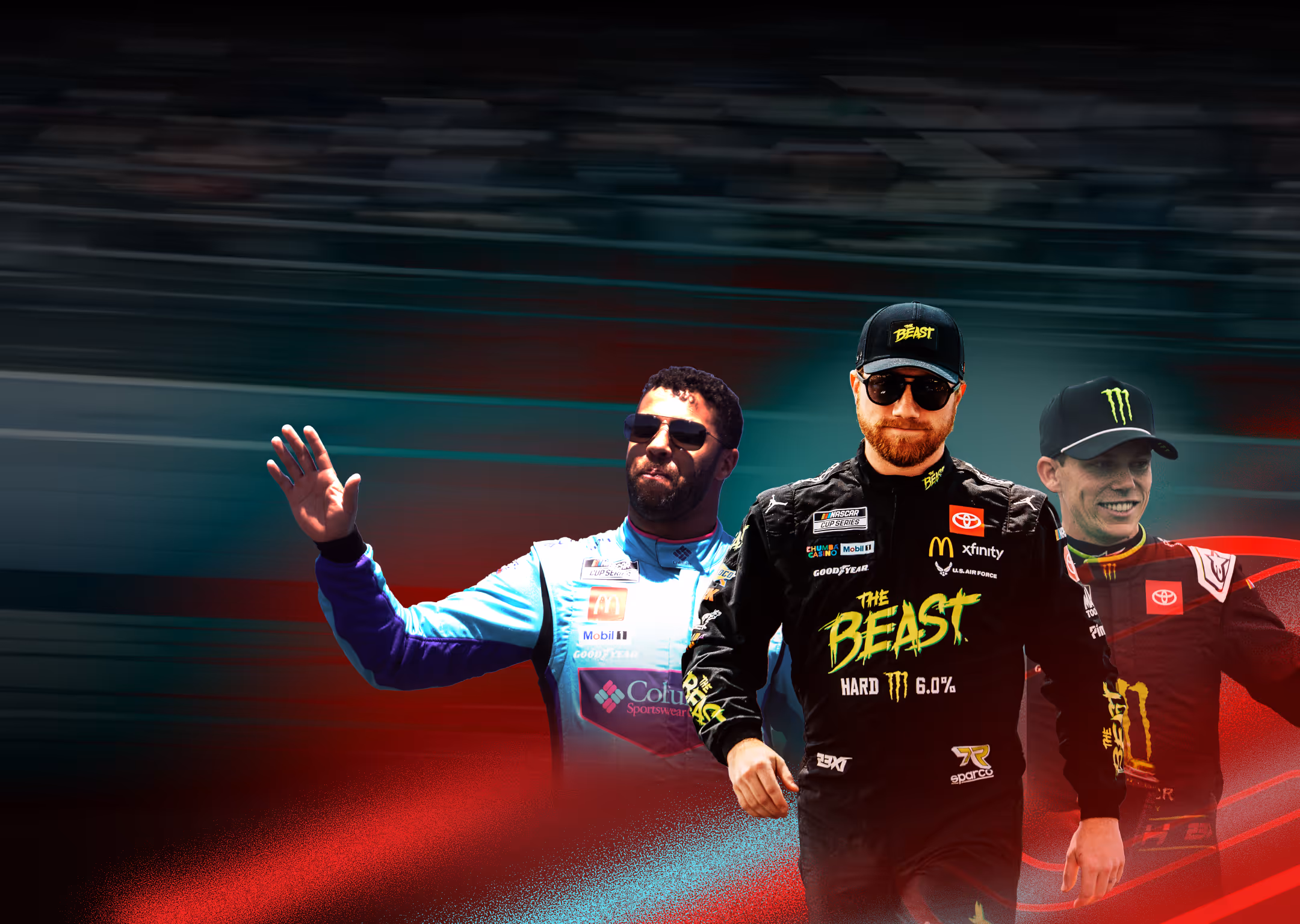 Bubba Wallace, Tyler Reddick, and Riley Herbst walking together graphic