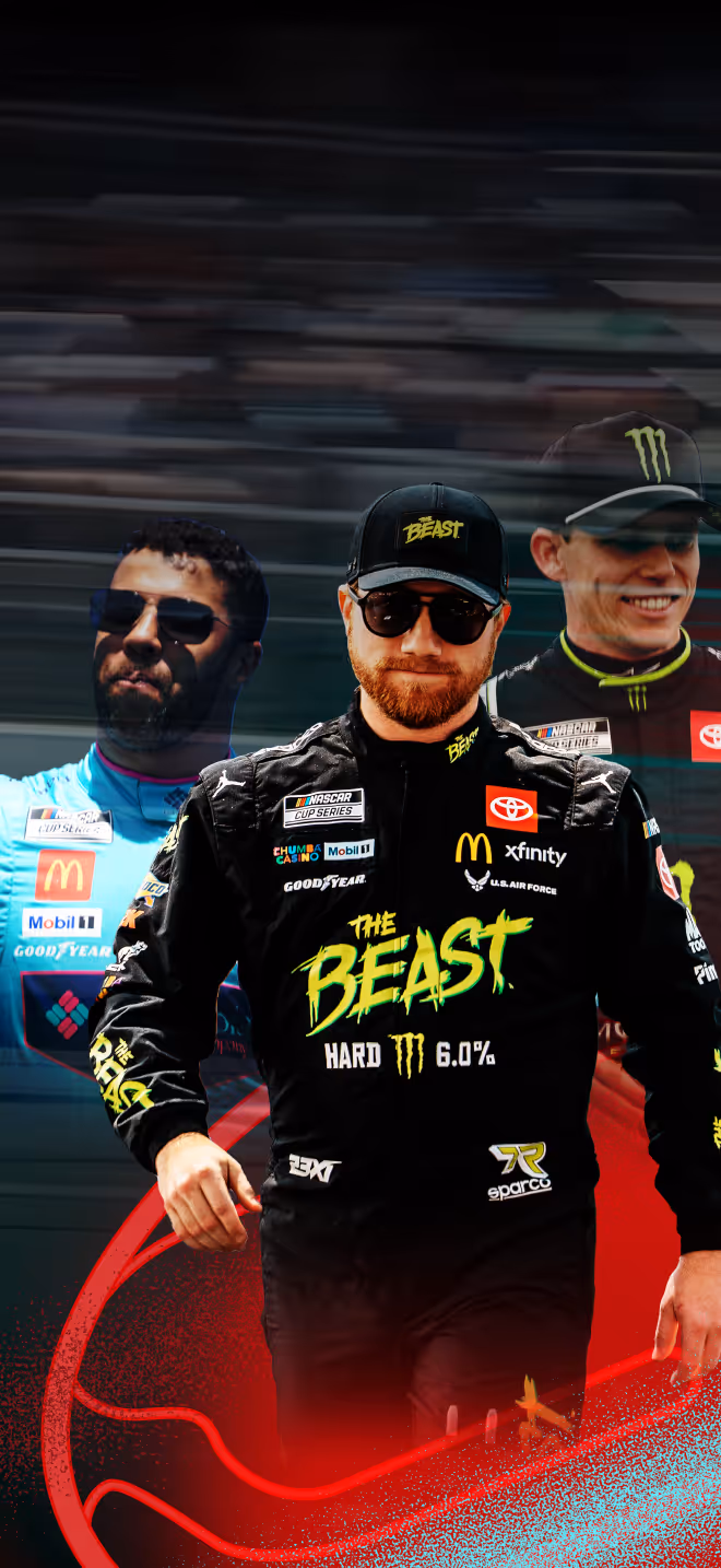 Bubba Wallace, Tyler Reddick, and Riley Herbst walking together graphic