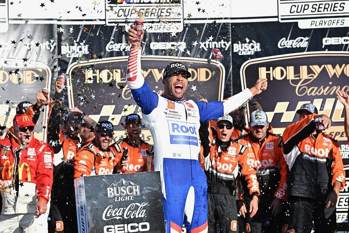 Bubba Wallace celebrates his win
