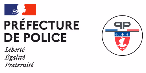 Logo of Préfecture de Police featuring Marianne silhouette with French flag colors, text 'Liberté Egalité Fraternité,' and a circular emblem with police insignia.